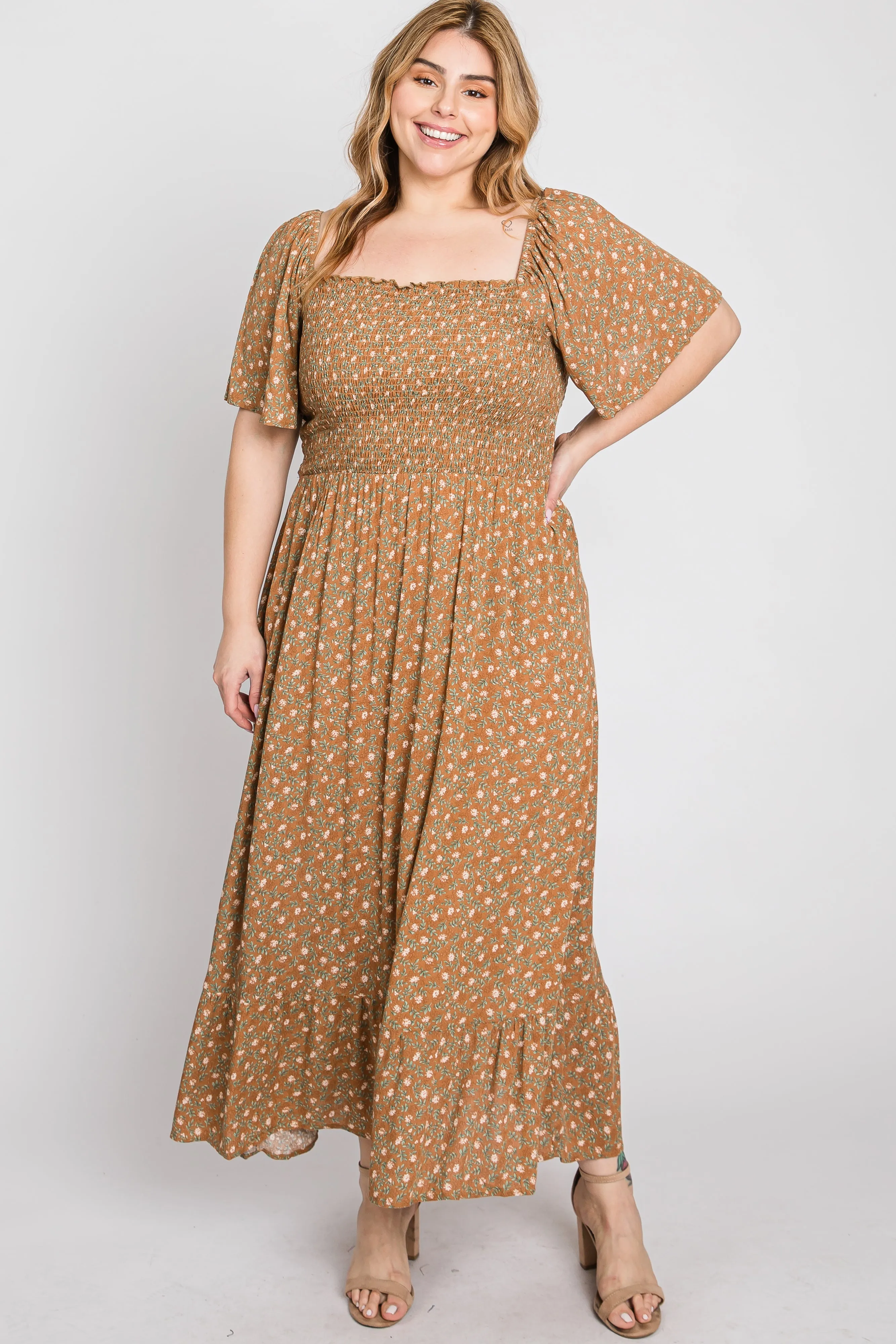 Camel Floral Smocked Square Neck Plus Midi Dress sold by Pinkblush product image thumbnail 4