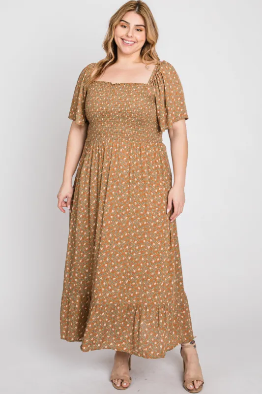 Camel Floral Smocked Square Neck Plus Midi Dress sold by Pinkblush