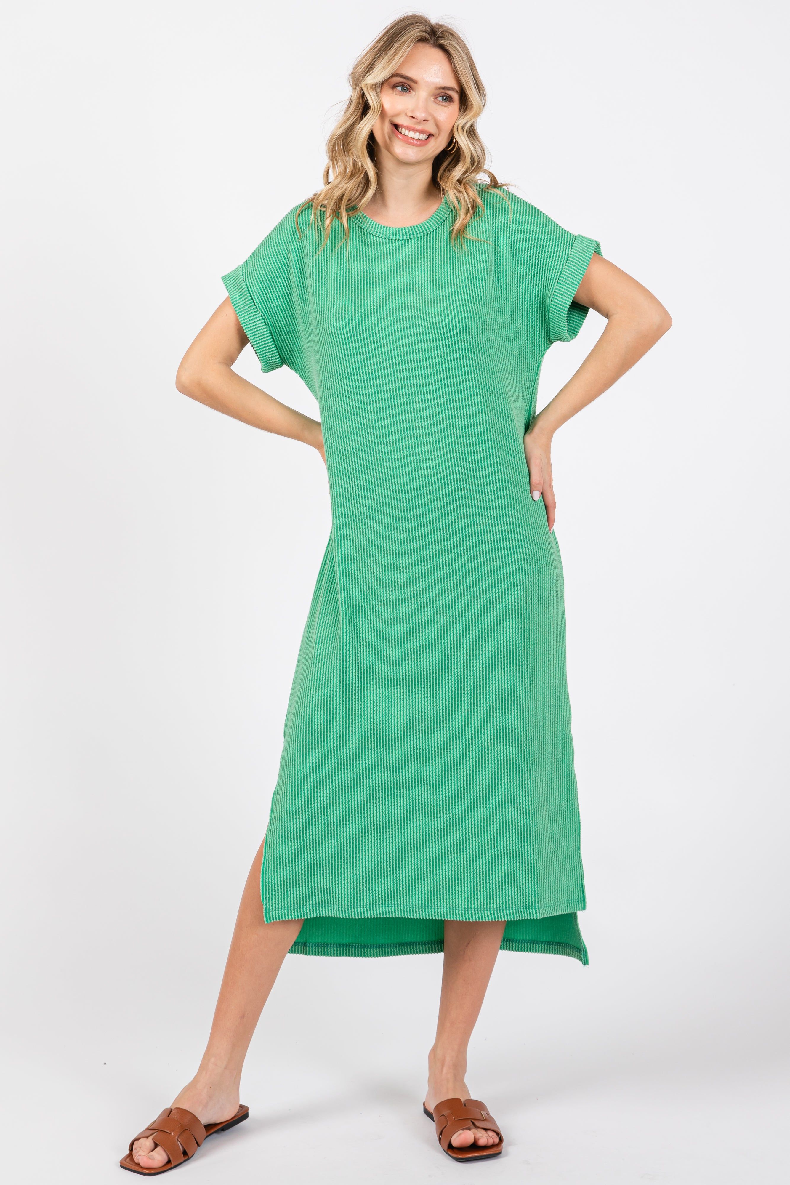 Green Ribbed Short Sleeve Midi Dress sold by Pinkblush