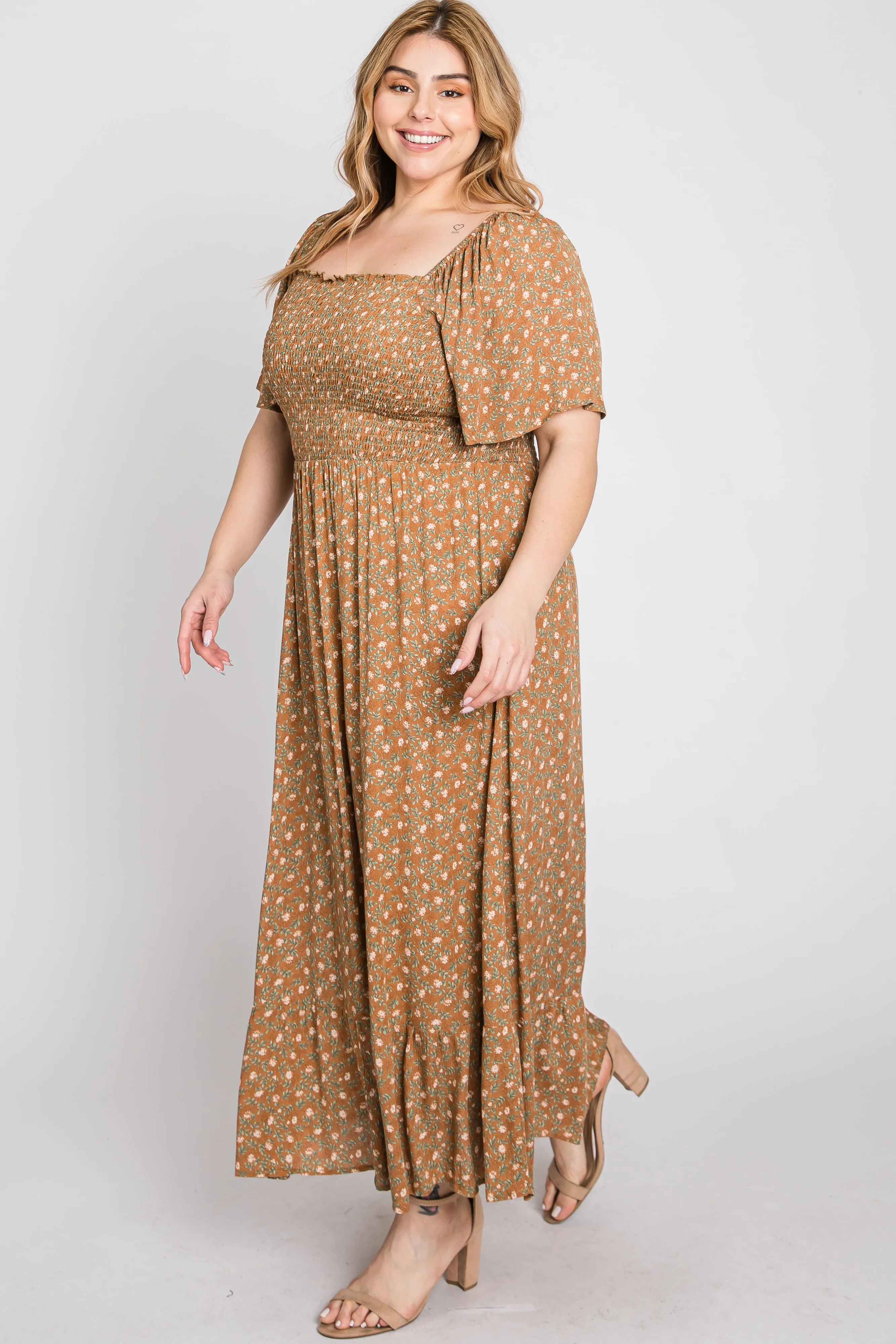 Camel Floral Smocked Square Neck Plus Midi Dress sold by Pinkblush product image thumbnail 5