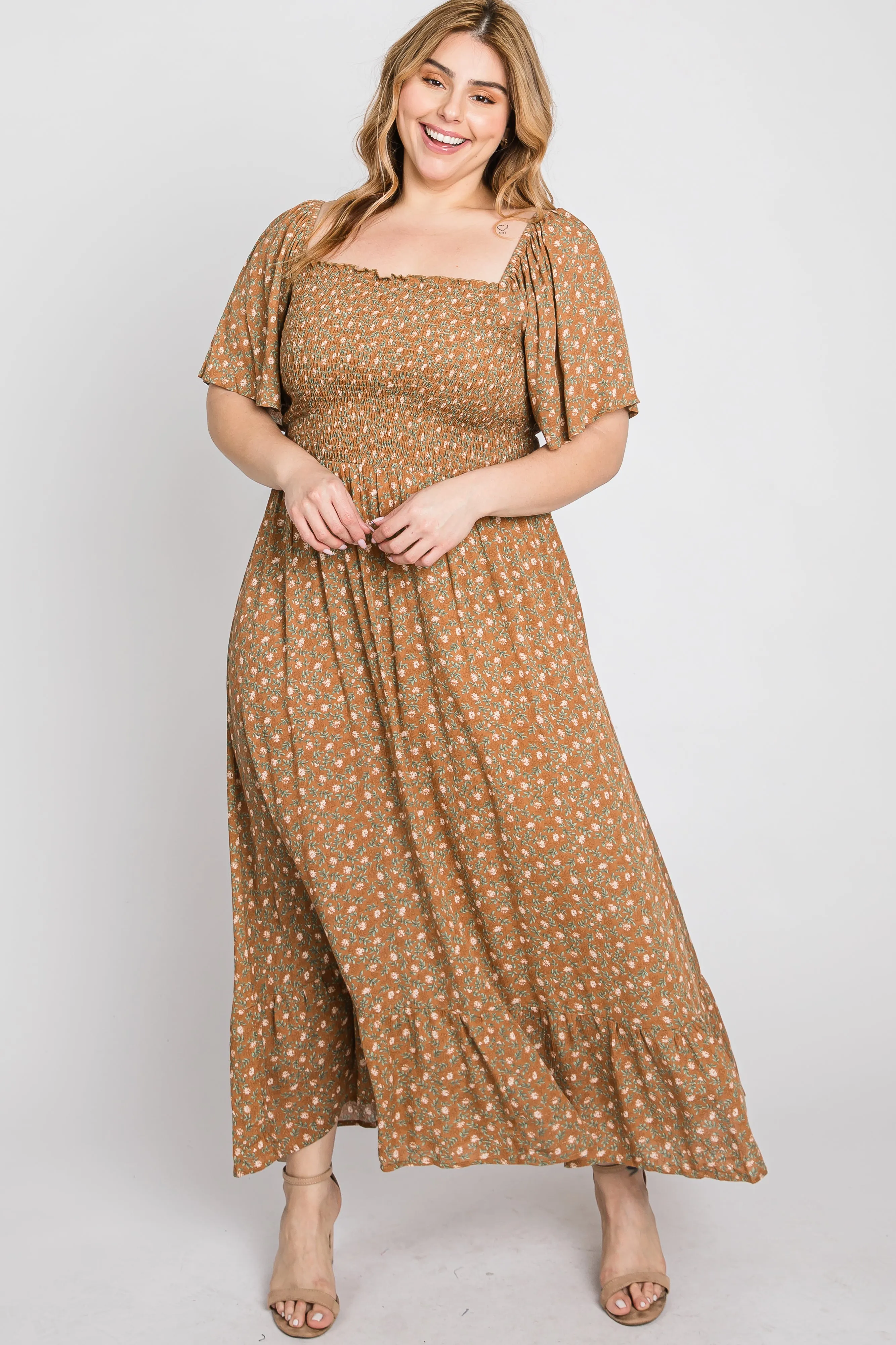 Camel Floral Smocked Square Neck Plus Midi Dress sold by Pinkblush product image thumbnail 2