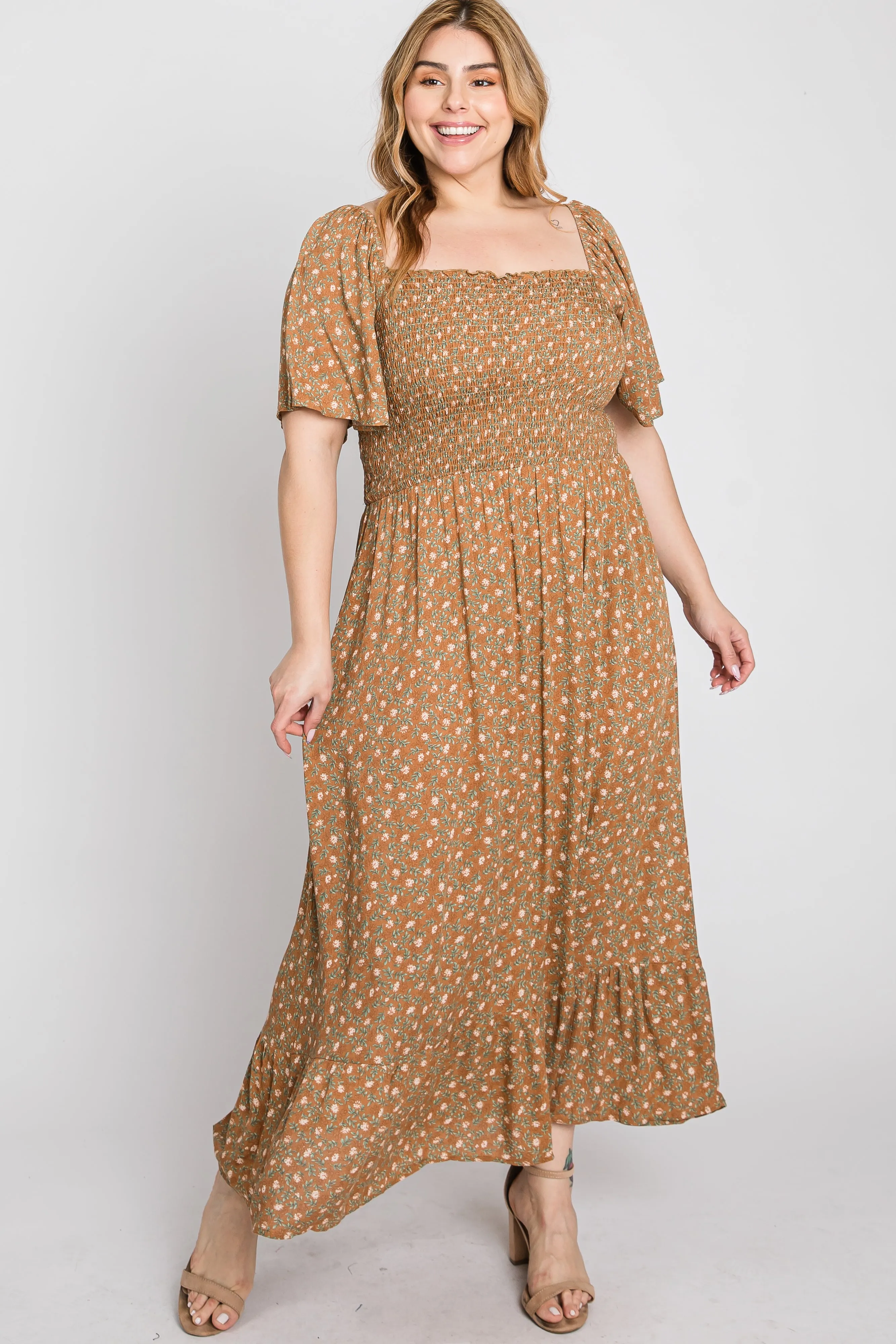 Camel Floral Smocked Square Neck Plus Midi Dress sold by Pinkblush product image thumbnail 3