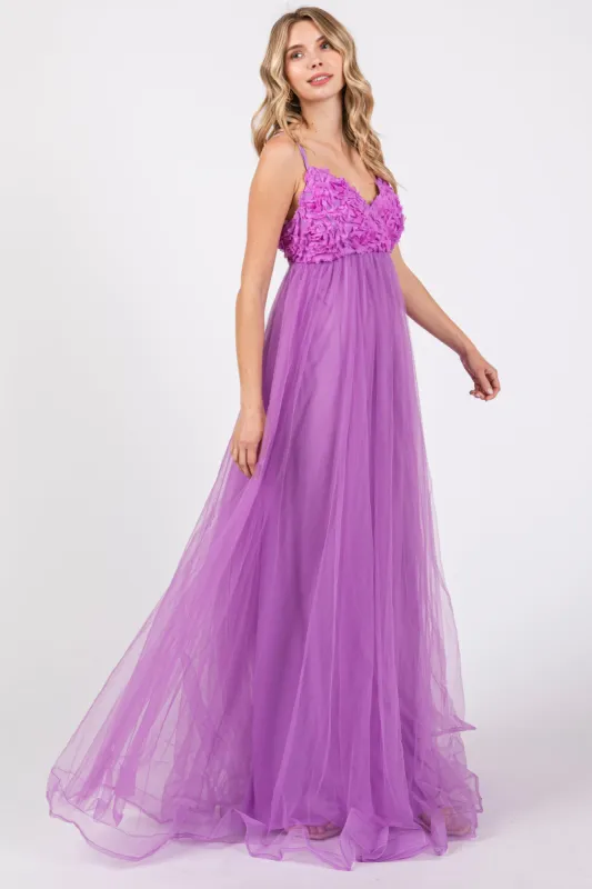 Purple Floral Applique Lace-Up Back Tulle Maxi Dress sold by Pinkblush