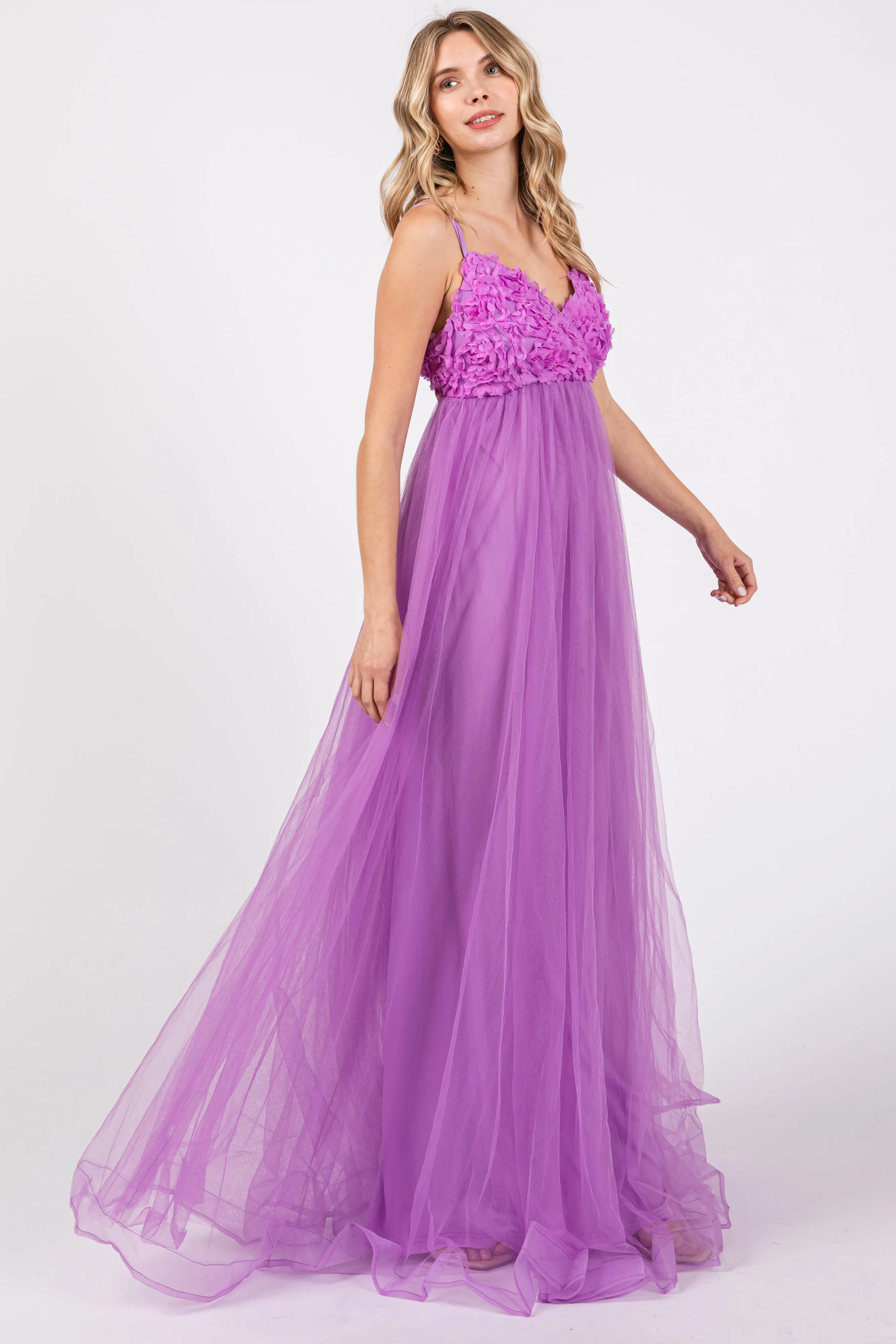 Purple Floral Applique Lace-Up Back Tulle Maxi Dress sold by Pinkblush