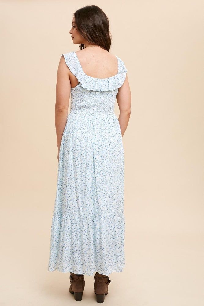 Off White Blue Smocked Bodice Floral Midi Dress sold by Pinkblush product image thumbnail 4
