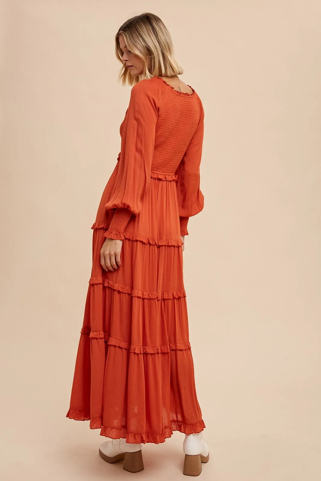 Rust Smocked Ruffle Tiered Maxi Dress sold by Pinkblush product image thumbnail 4