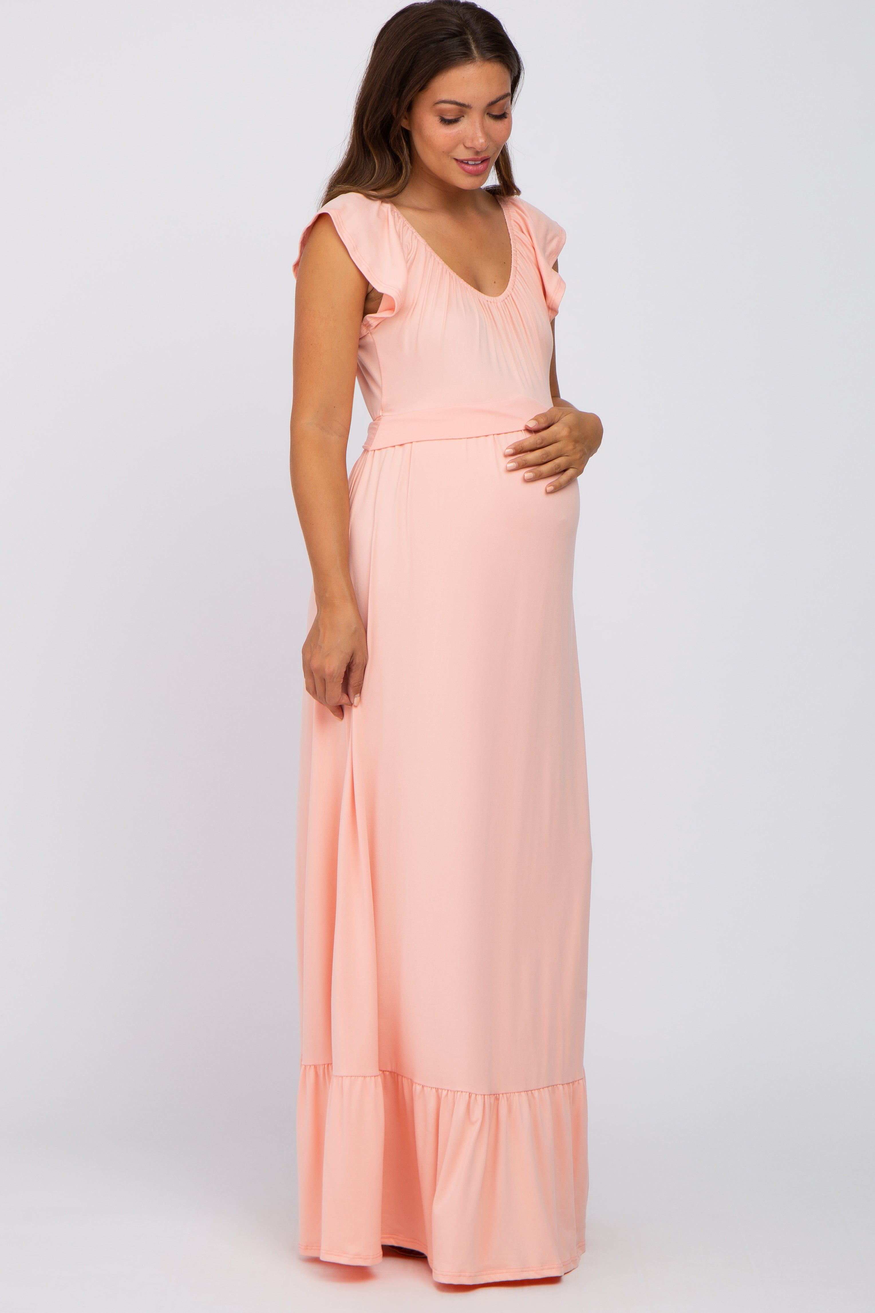 Peach Off Shoulder Tie Back Maternity Maxi Dress sold by Pinkblush product image thumbnail 2