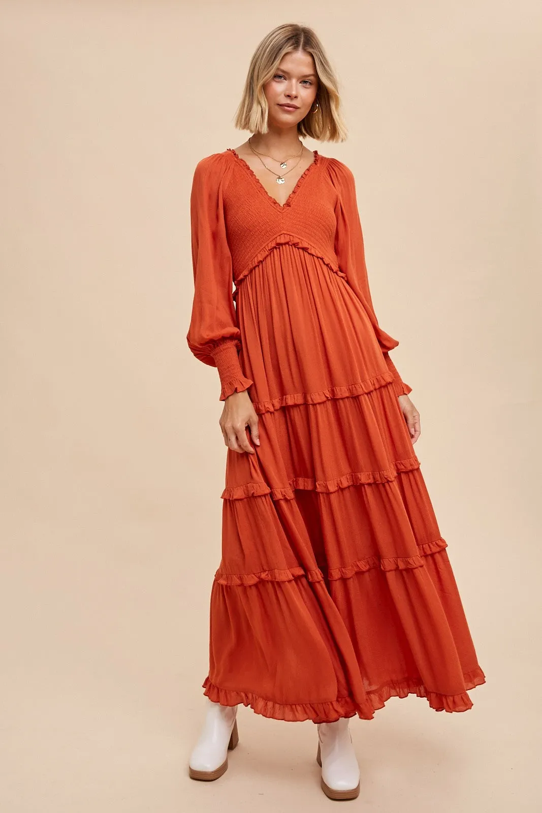 Rust Smocked Ruffle Tiered Maxi Dress sold by Pinkblush