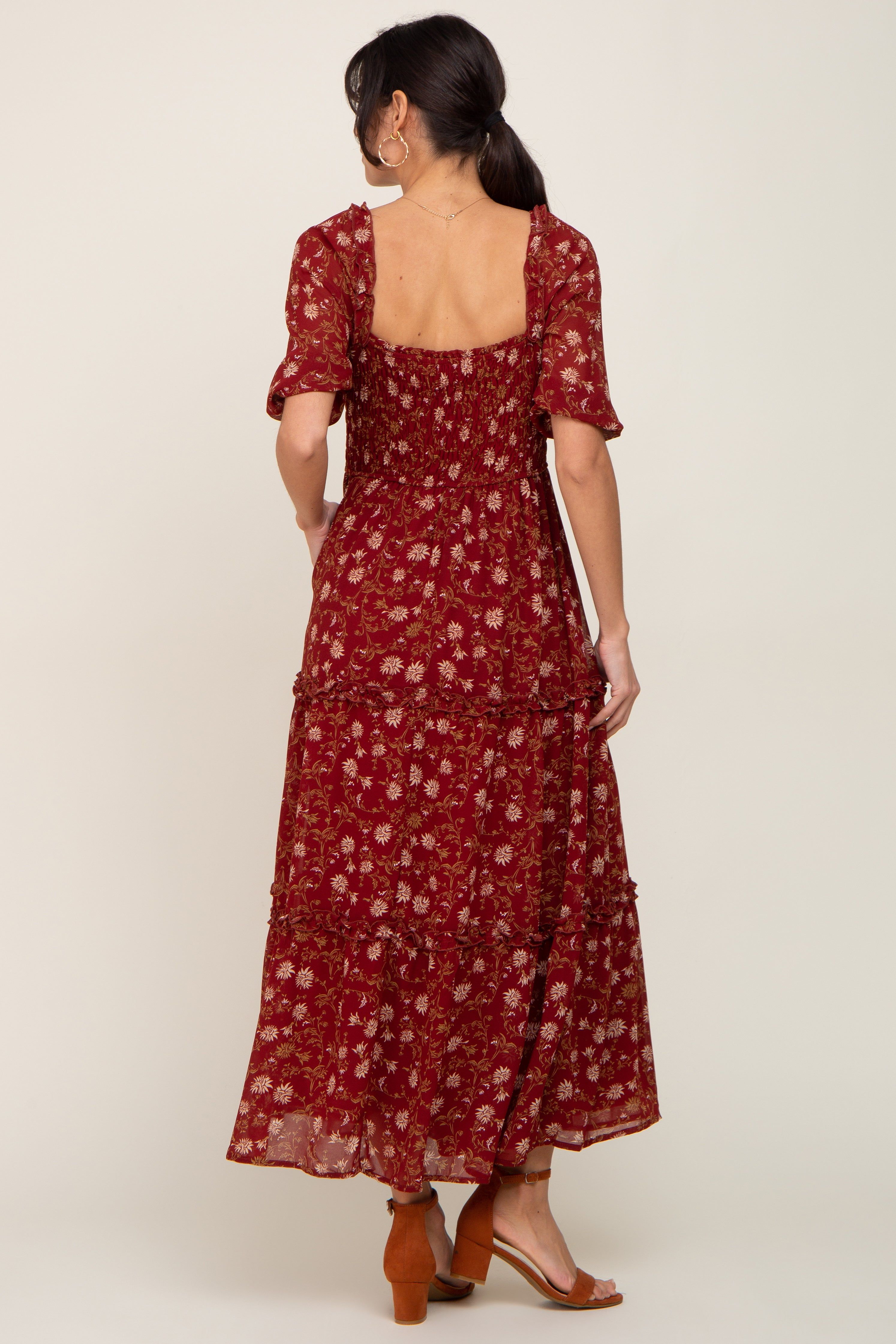 Burgundy Floral Tiered Midi Dress sold by Pinkblush product image thumbnail 3