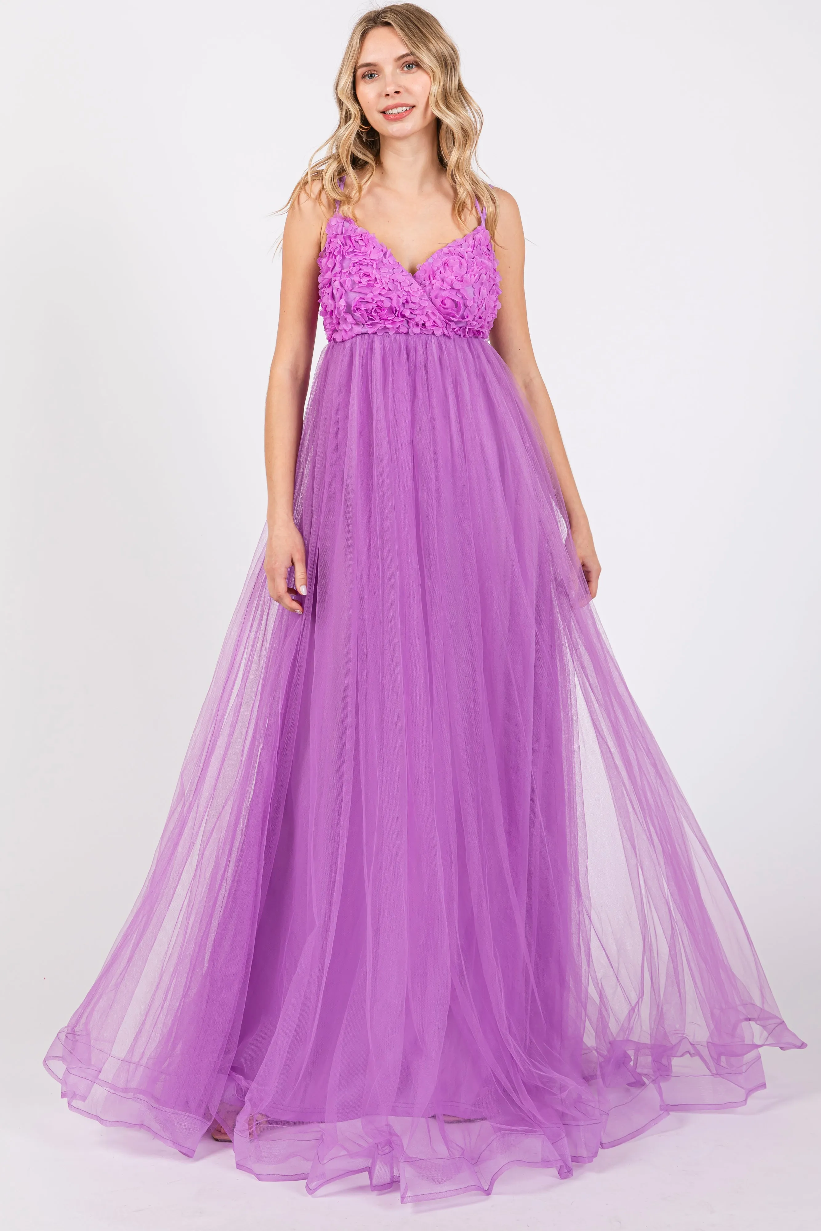 Purple Floral Applique Lace-Up Back Tulle Maxi Dress sold by Pinkblush product image thumbnail 2