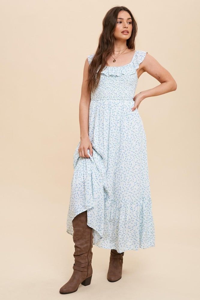 Off White Blue Smocked Bodice Floral Midi Dress sold by Pinkblush product image thumbnail 2