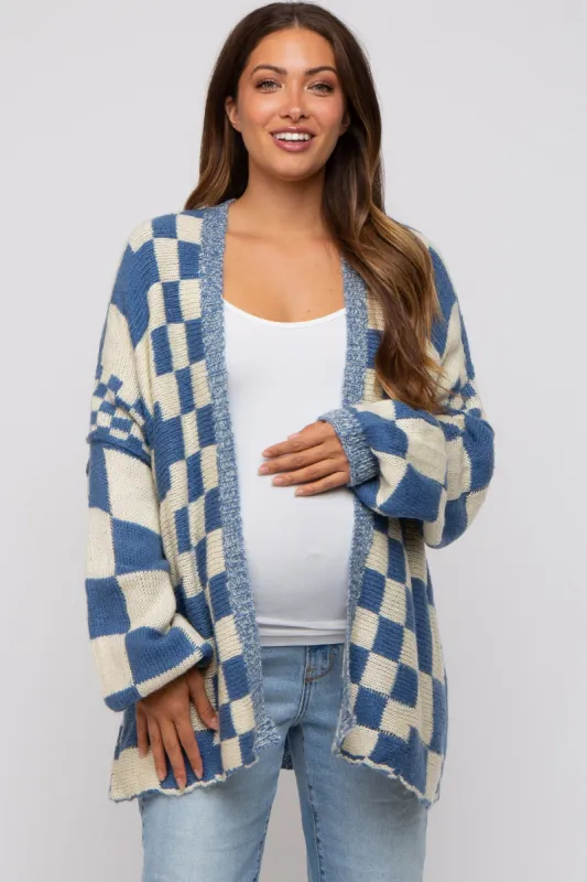 Blue Checkered Plaid Maternity Oversized Cardigan sold by Pinkblush