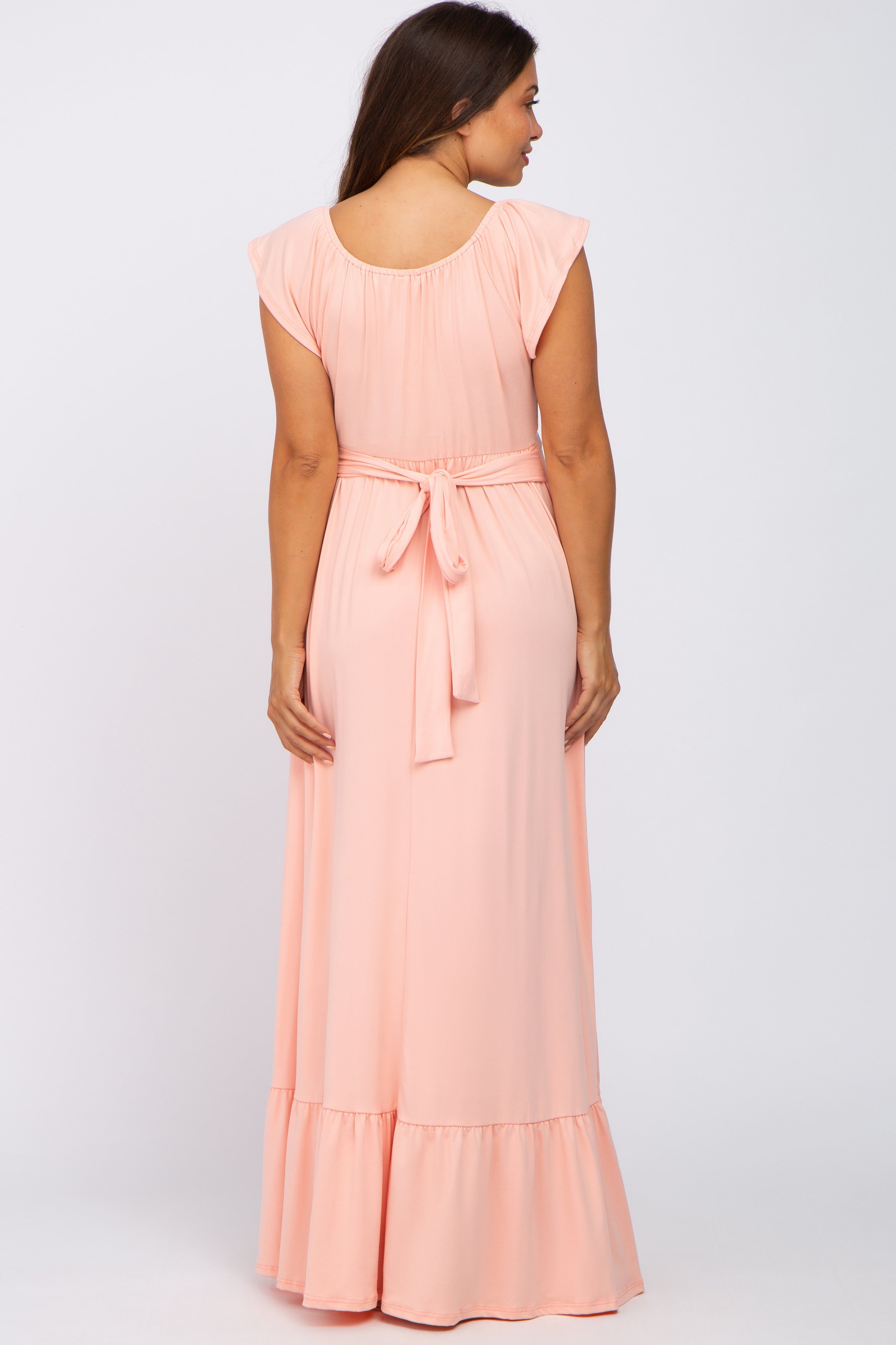 Peach Off Shoulder Tie Back Maternity Maxi Dress sold by Pinkblush product image thumbnail 3