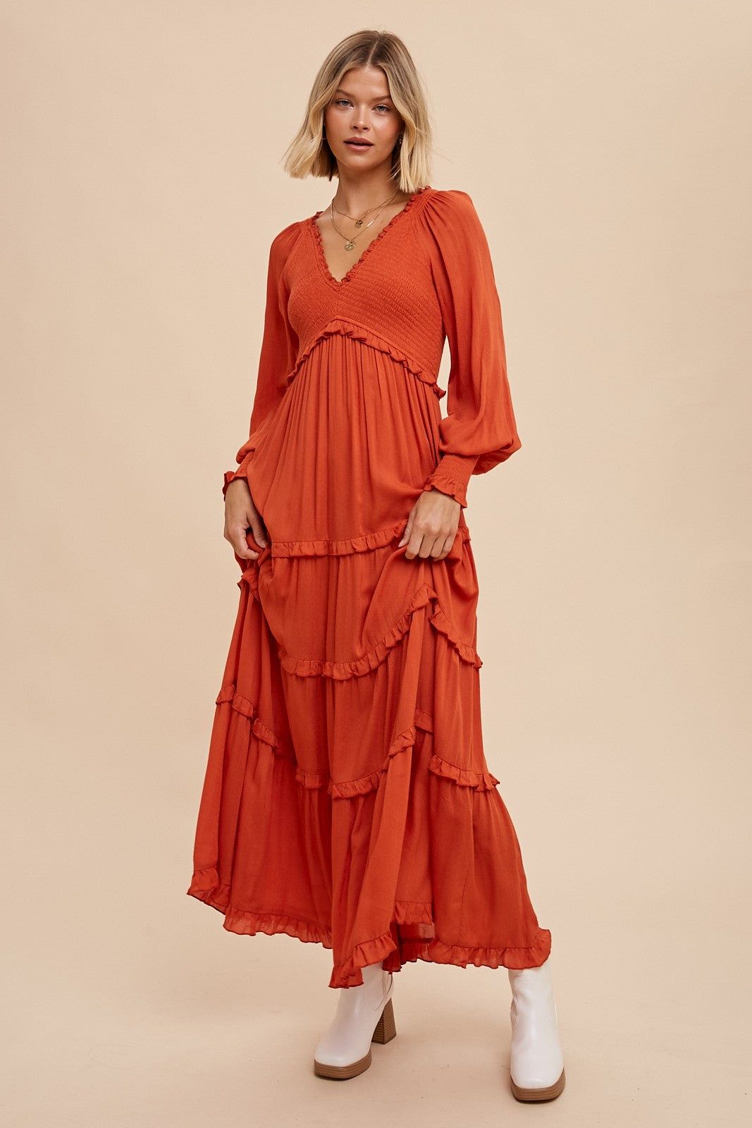 Rust Smocked Ruffle Tiered Maxi Dress sold by Pinkblush product image thumbnail 2