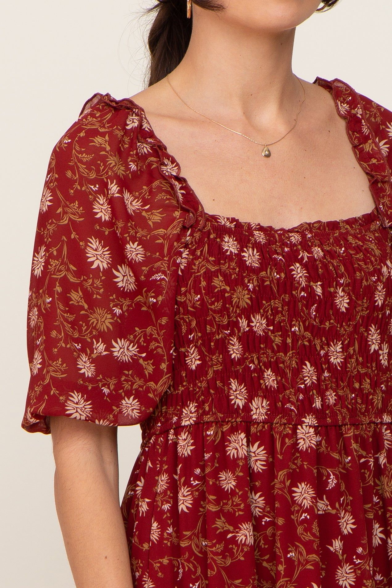 Burgundy Floral Tiered Midi Dress sold by Pinkblush product image thumbnail 4