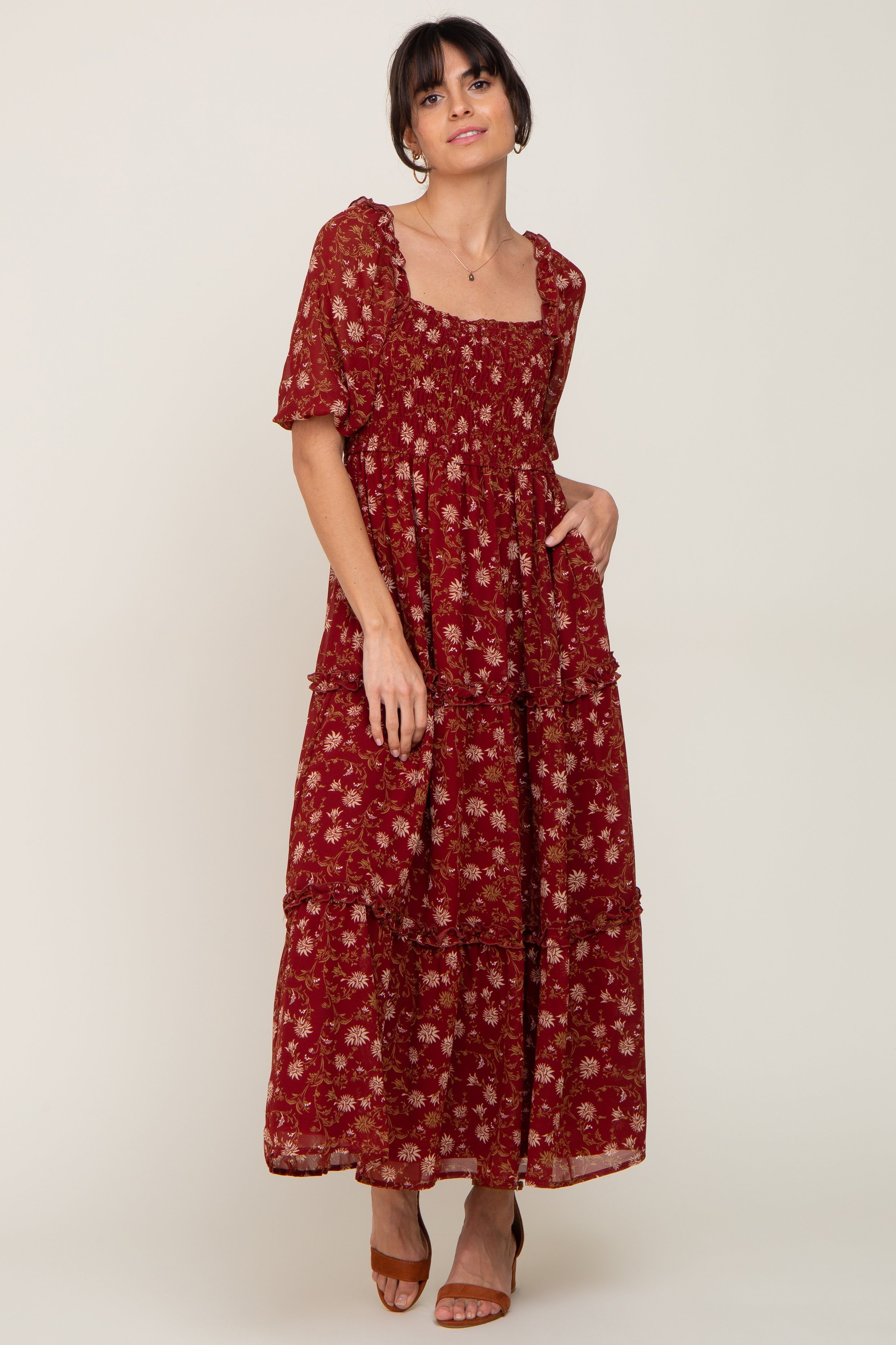 Burgundy Floral Tiered Midi Dress sold by Pinkblush