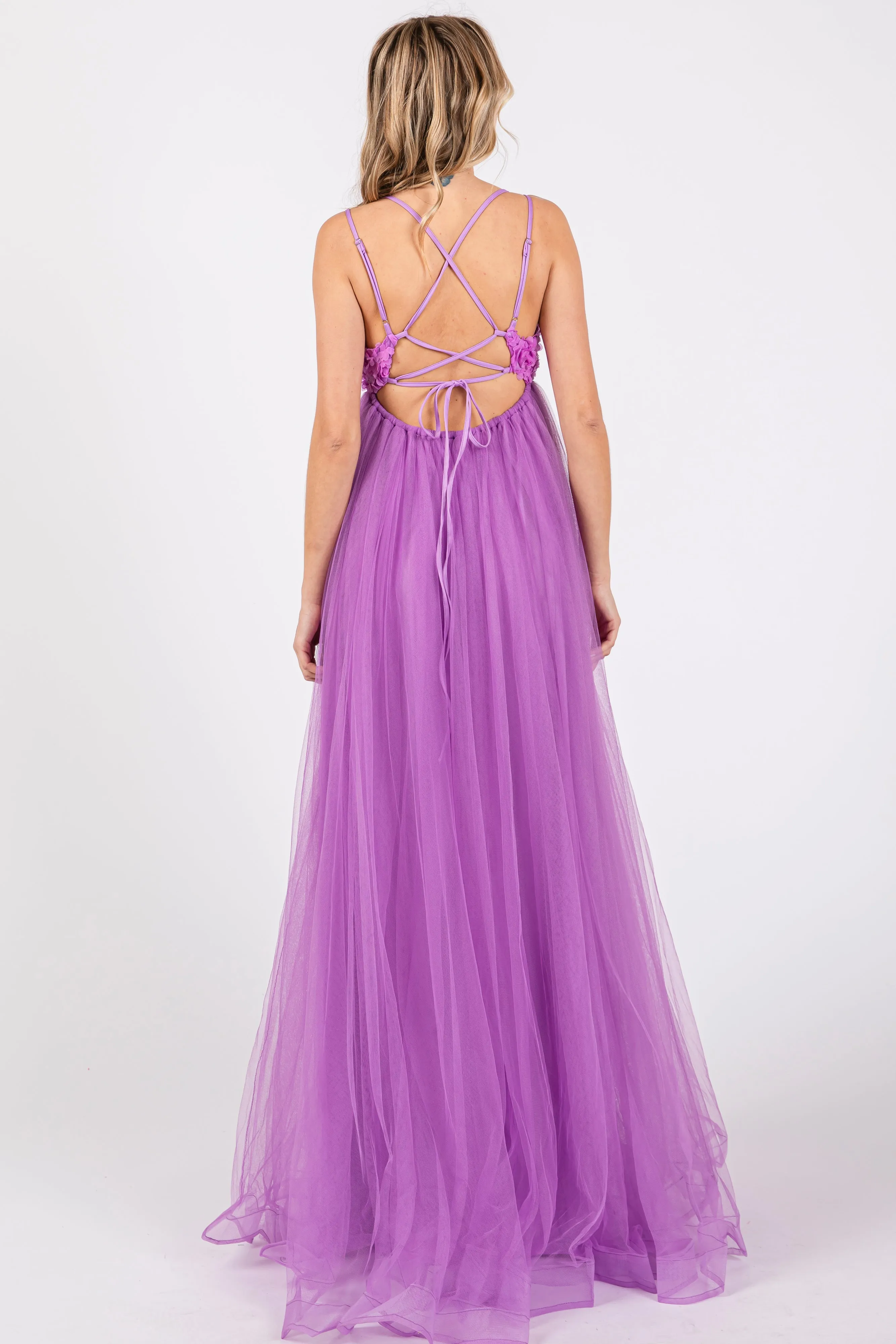 Purple Floral Applique Lace-Up Back Tulle Maxi Dress sold by Pinkblush product image thumbnail 3