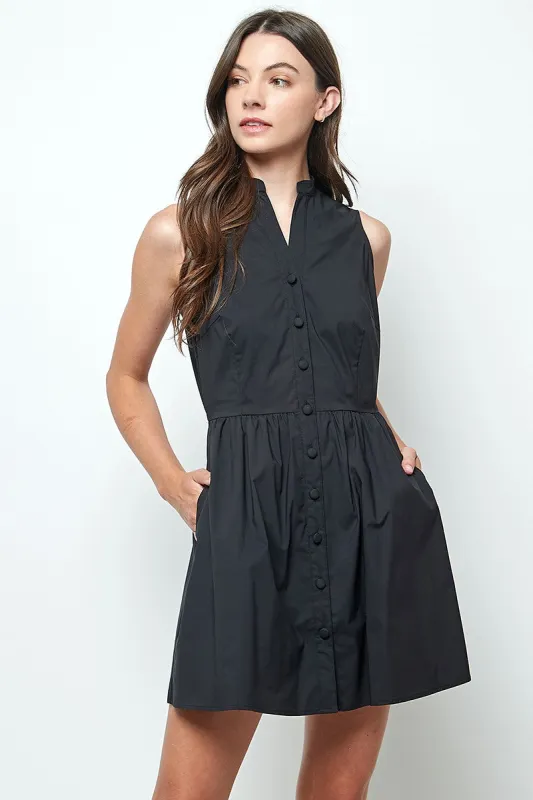 Black Button Down Mandarin Sleeveless Mini Dress sold by Pinkblush