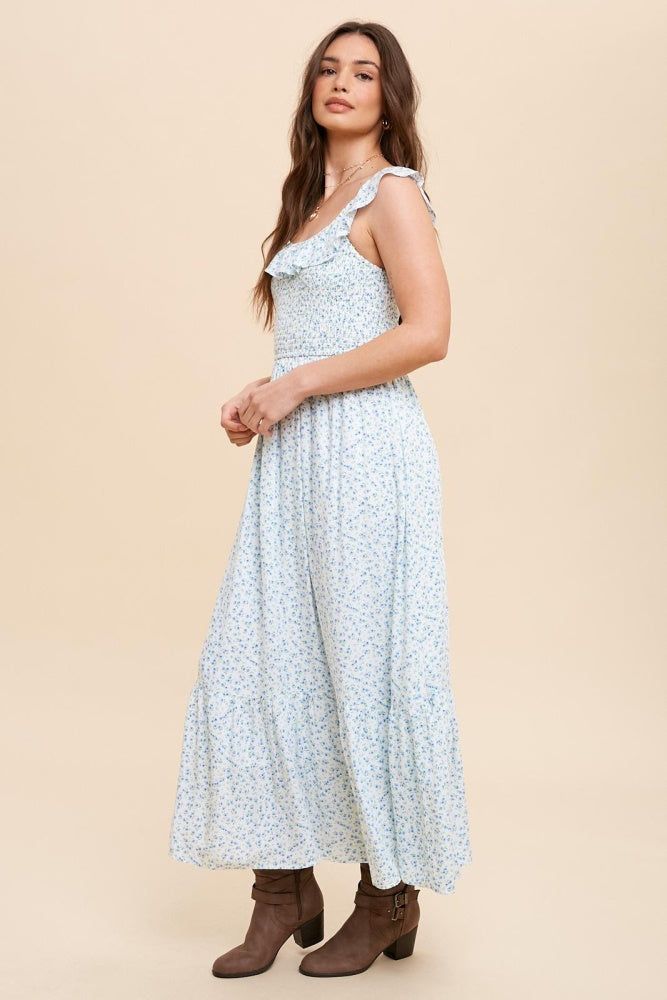 Off White Blue Smocked Bodice Floral Midi Dress sold by Pinkblush product image thumbnail 3