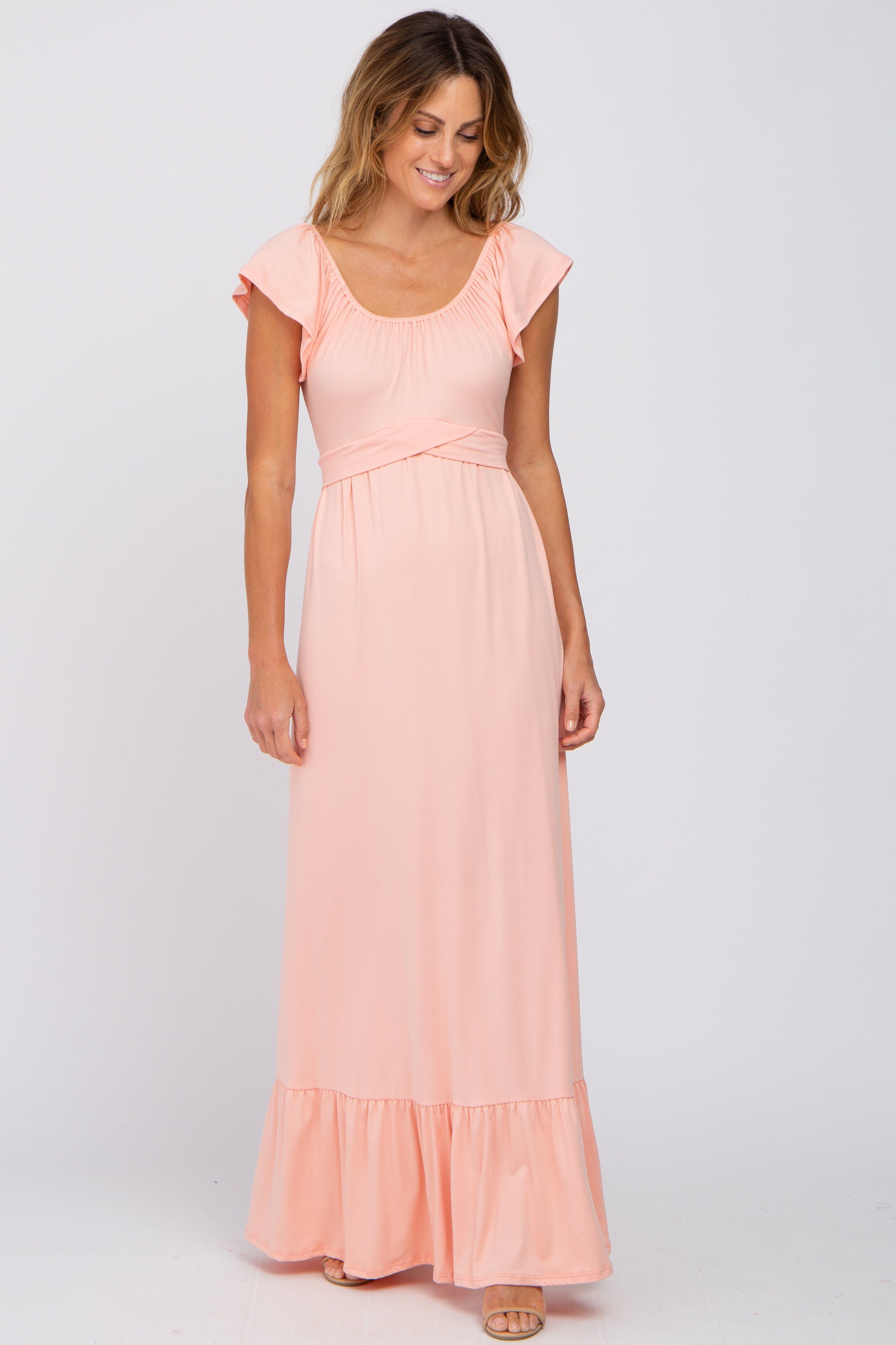 Peach Off Shoulder Tie Back Maternity Maxi Dress sold by Pinkblush product image thumbnail 4