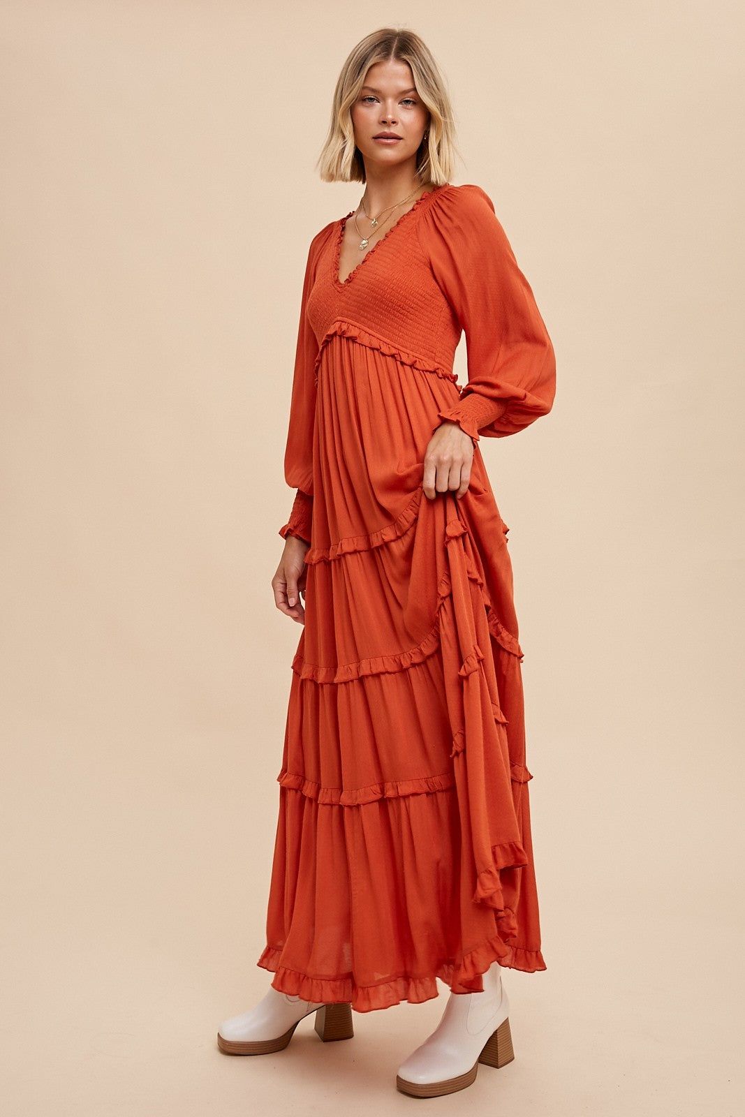 Rust Smocked Ruffle Tiered Maxi Dress sold by Pinkblush product image thumbnail 3
