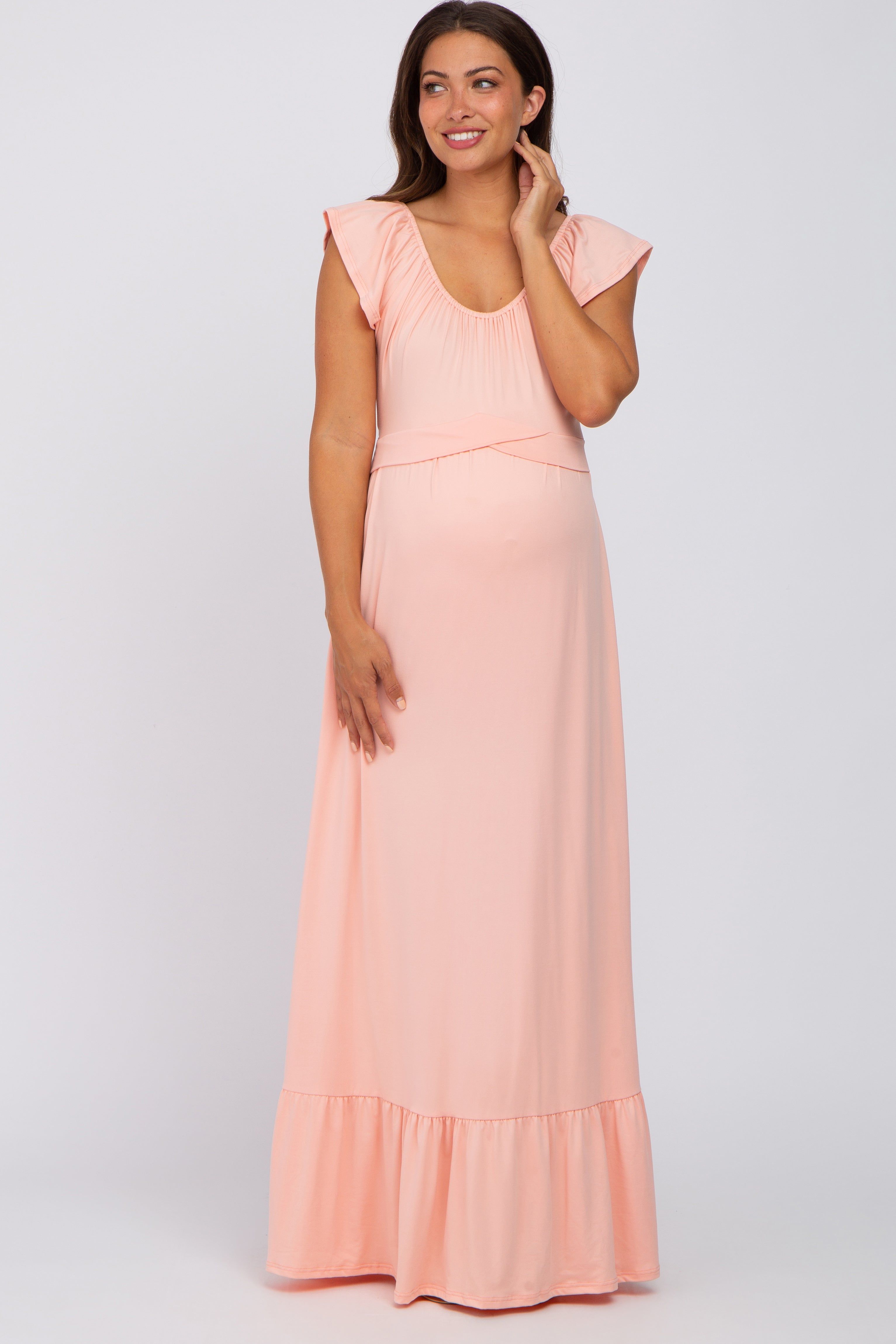 Peach Off Shoulder Tie Back Maternity Maxi Dress sold by Pinkblush