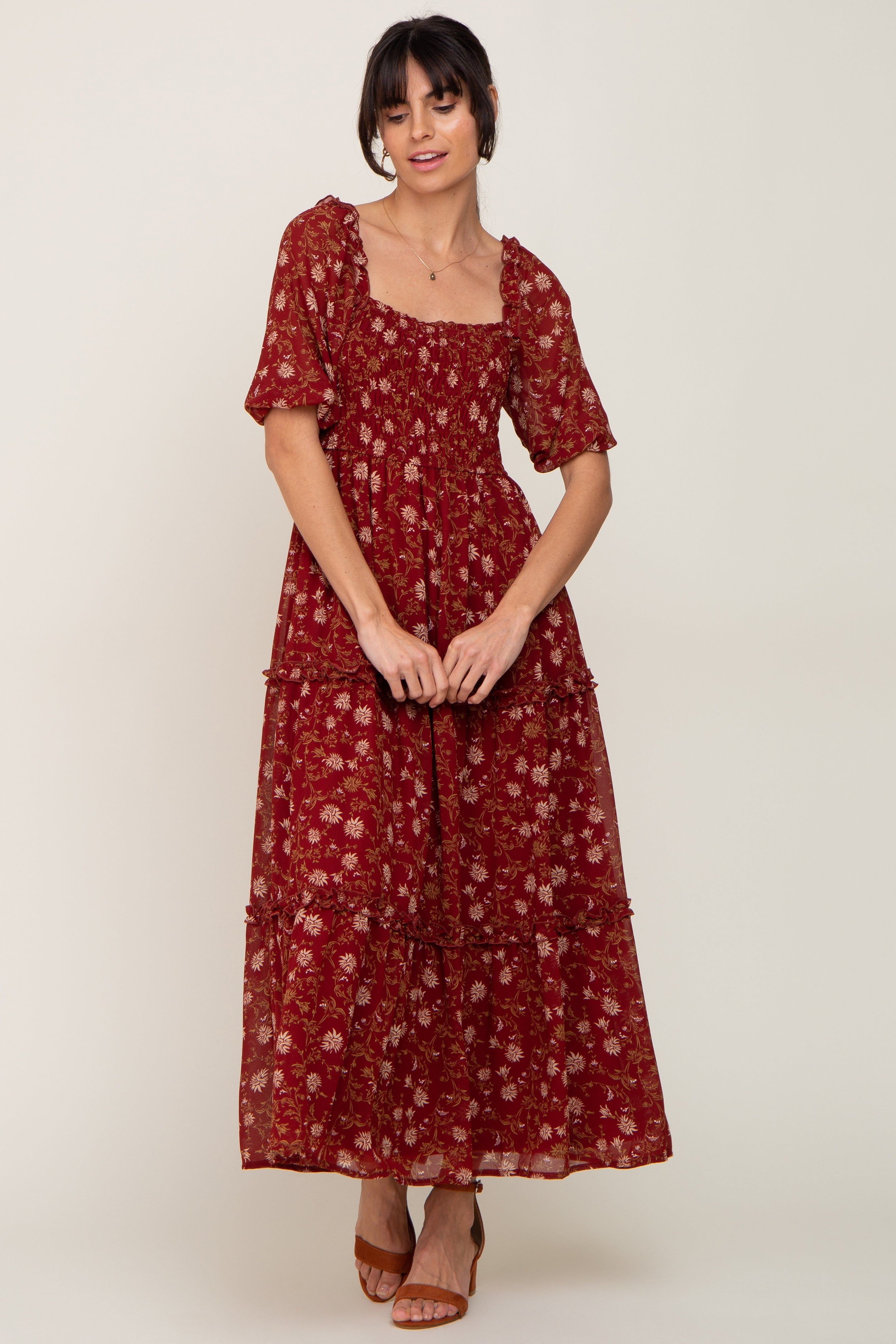 Burgundy Floral Tiered Midi Dress sold by Pinkblush product image thumbnail 5