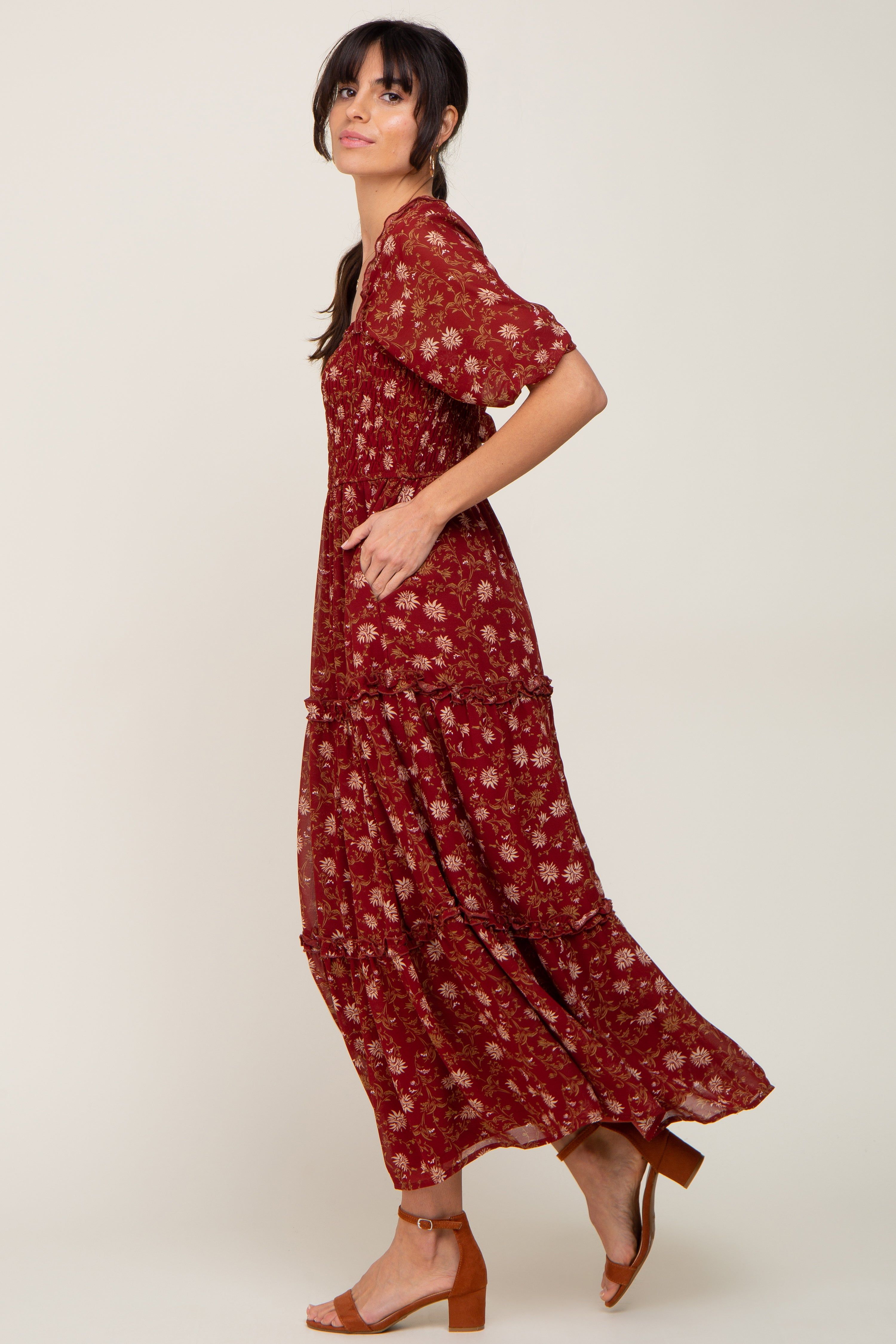 Burgundy Floral Tiered Midi Dress sold by Pinkblush product image thumbnail 2