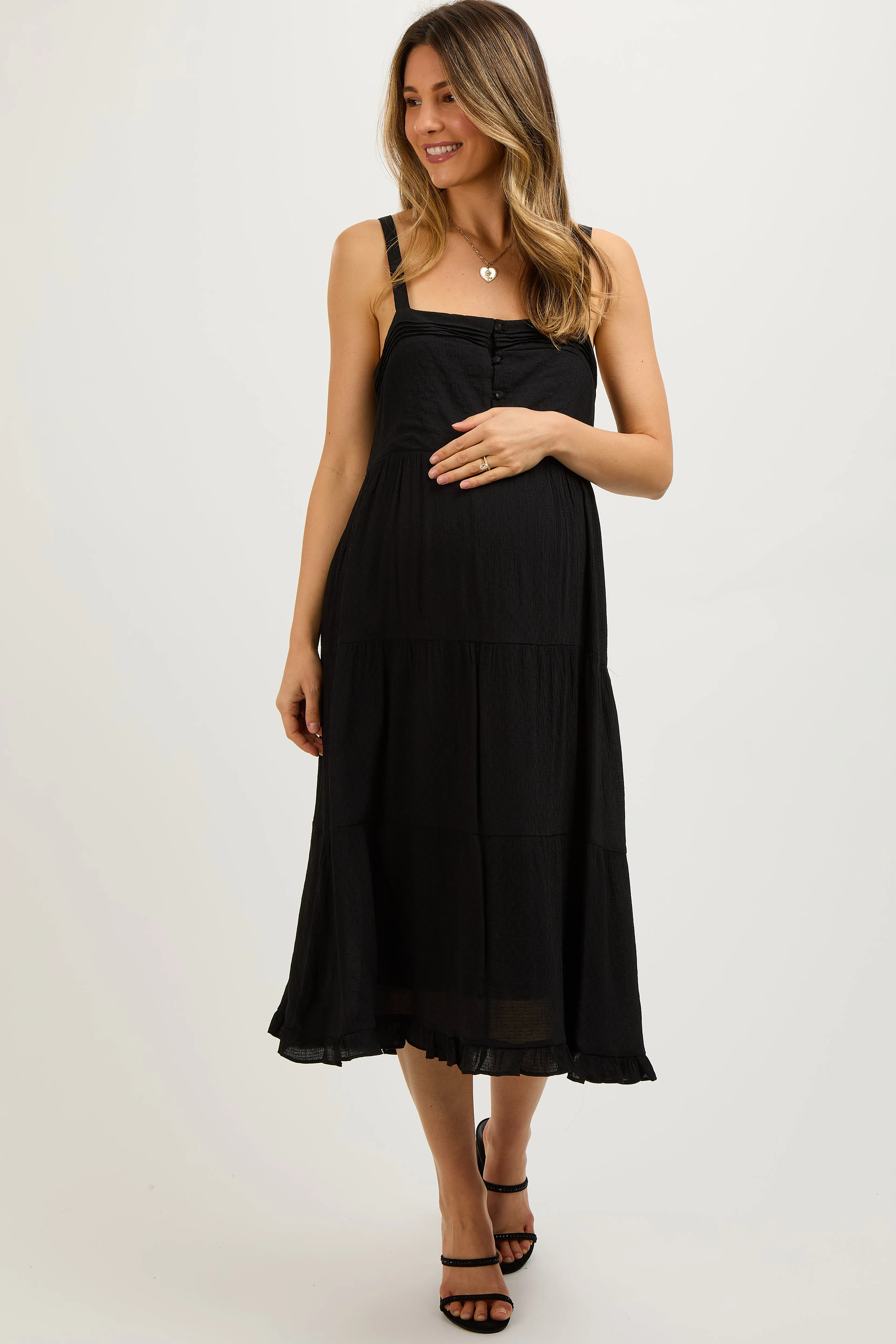 Black Sleeveless Button Tiered Maternity Midi Dress sold by Pinkblush product image thumbnail 2