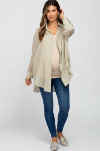 Beige Lightweight Sheer Button Down Maternity Blouse sold by Pinkblush