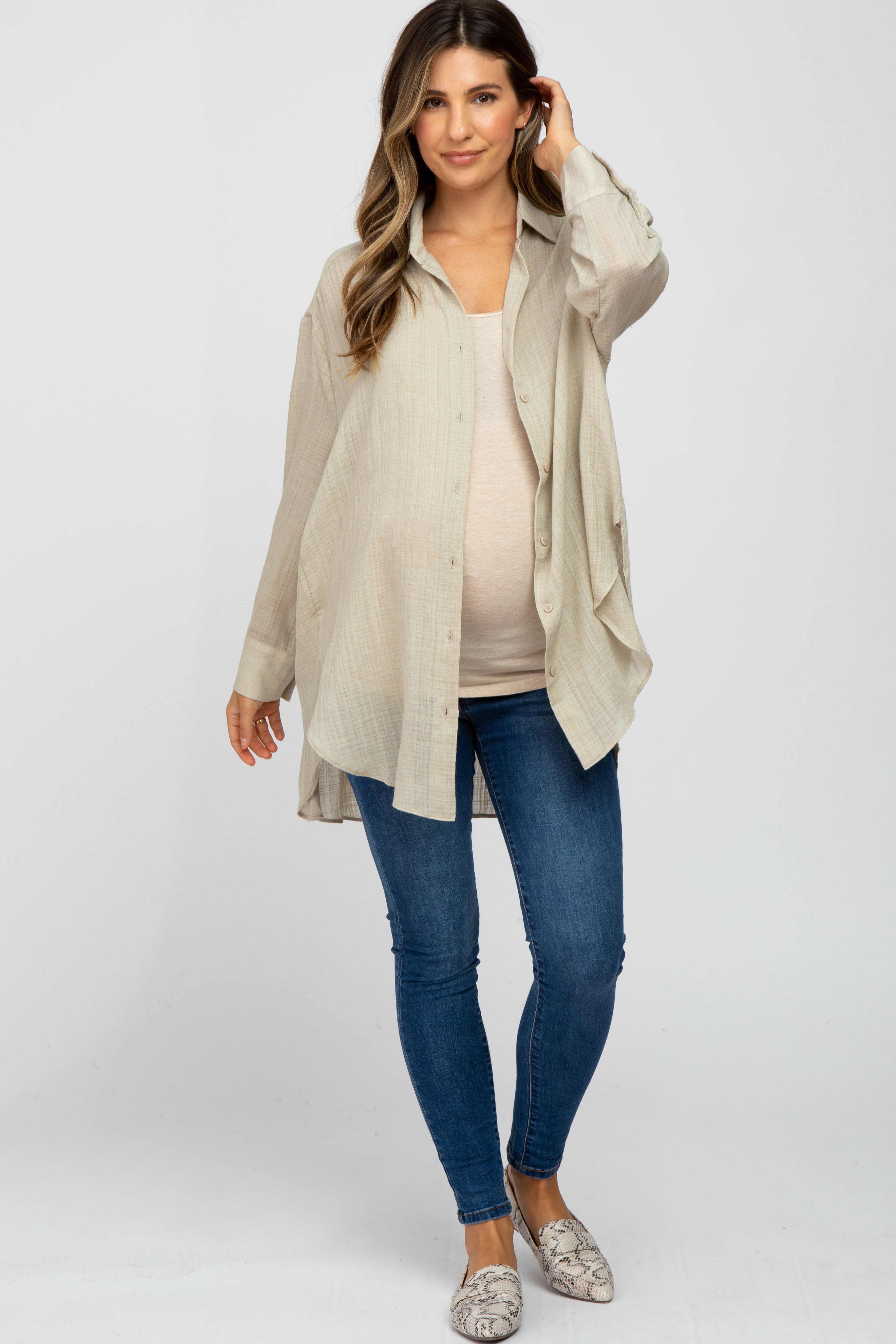 Beige Lightweight Sheer Button Down Maternity Blouse sold by Pinkblush product image thumbnail 4