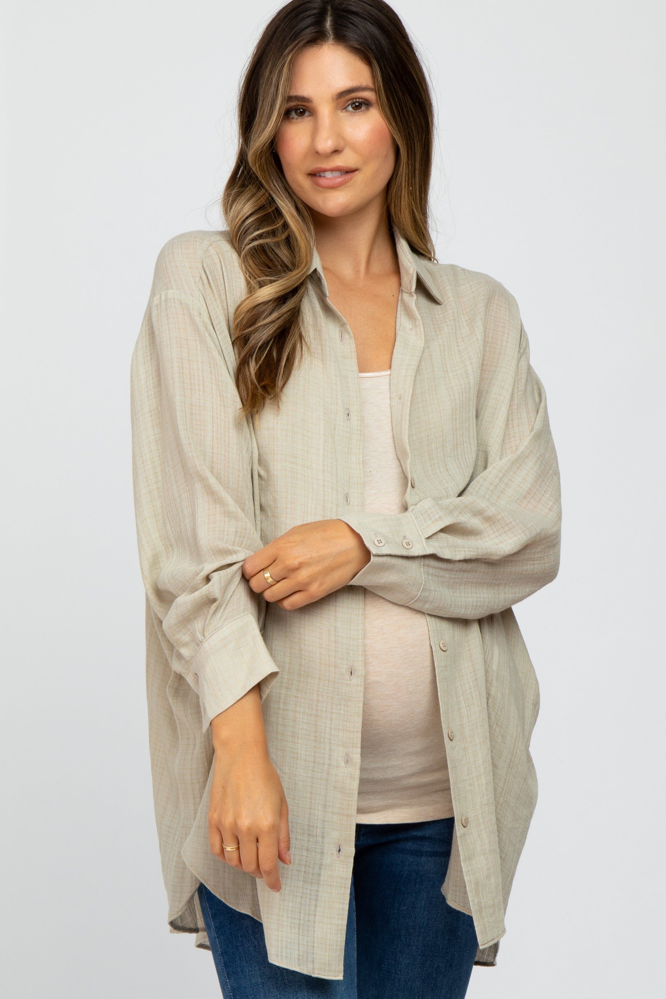 Beige Lightweight Sheer Button Down Maternity Blouse sold by Pinkblush