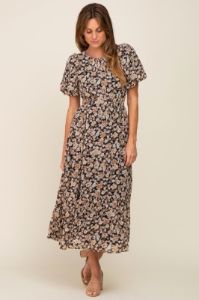 Black Floral Chiffon Back Cutout Short Puff Sleeve Midi Dress sold by Pinkblush