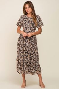 Black Floral Chiffon Back Cutout Short Puff Sleeve Midi Dress sold by Pinkblush