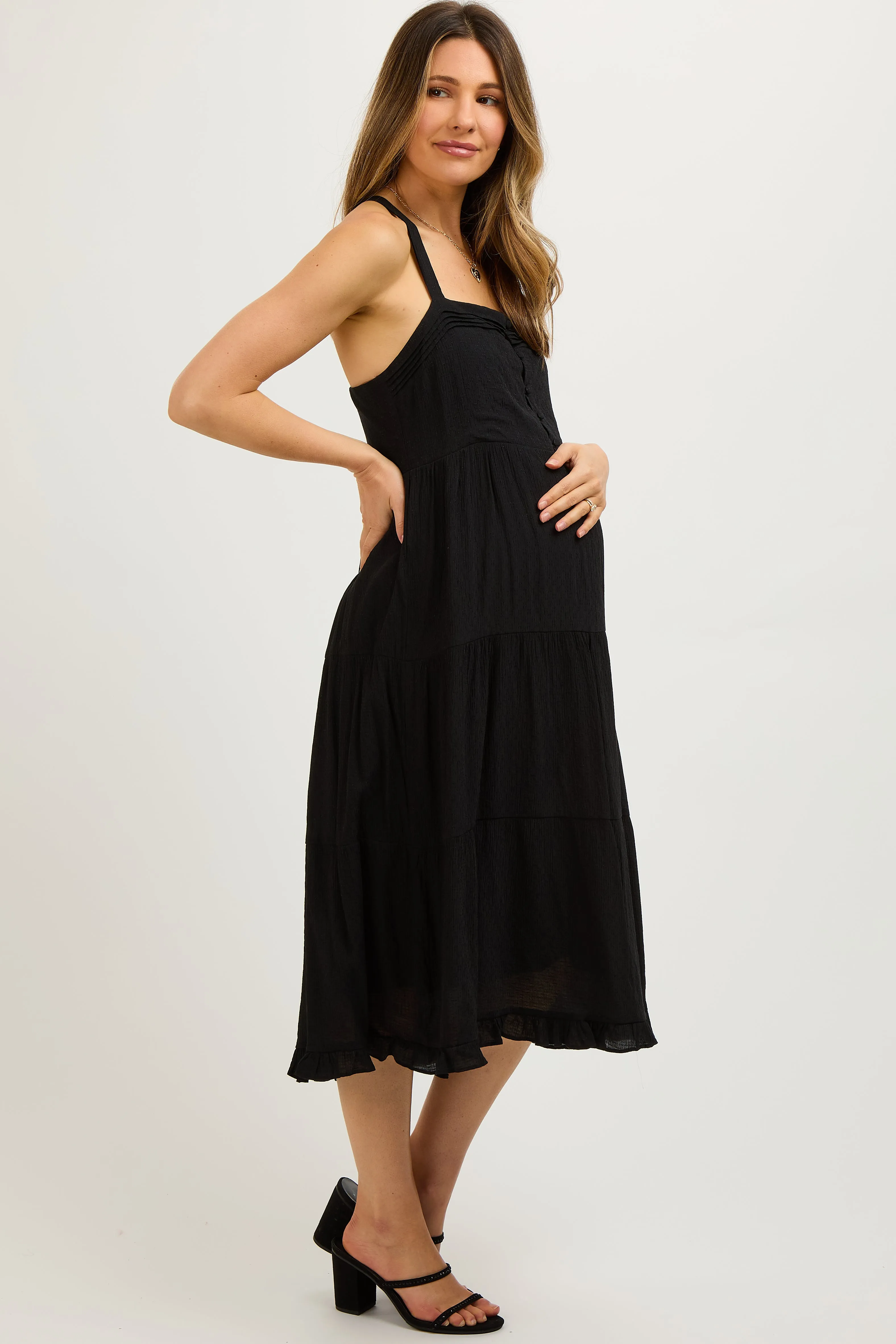 Black Sleeveless Button Tiered Maternity Midi Dress sold by Pinkblush product image thumbnail 3