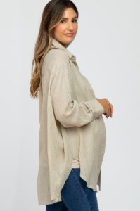 Beige Lightweight Sheer Button Down Maternity Blouse sold by Pinkblush