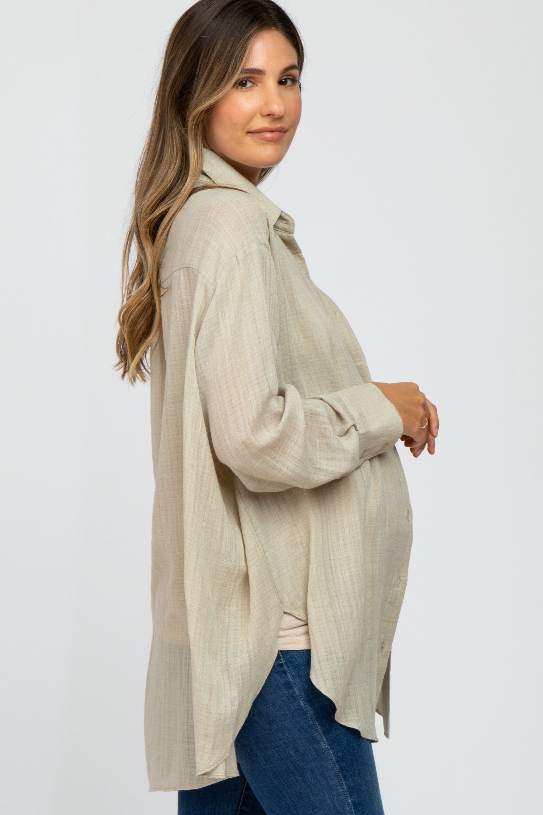 Beige Lightweight Sheer Button Down Maternity Blouse sold by Pinkblush product image thumbnail 2