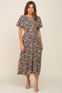 Black Floral Chiffon Back Cutout Short Puff Sleeve Midi Dress sold by Pinkblush