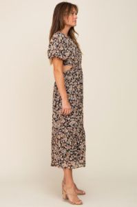 Black Floral Chiffon Back Cutout Short Puff Sleeve Midi Dress sold by Pinkblush