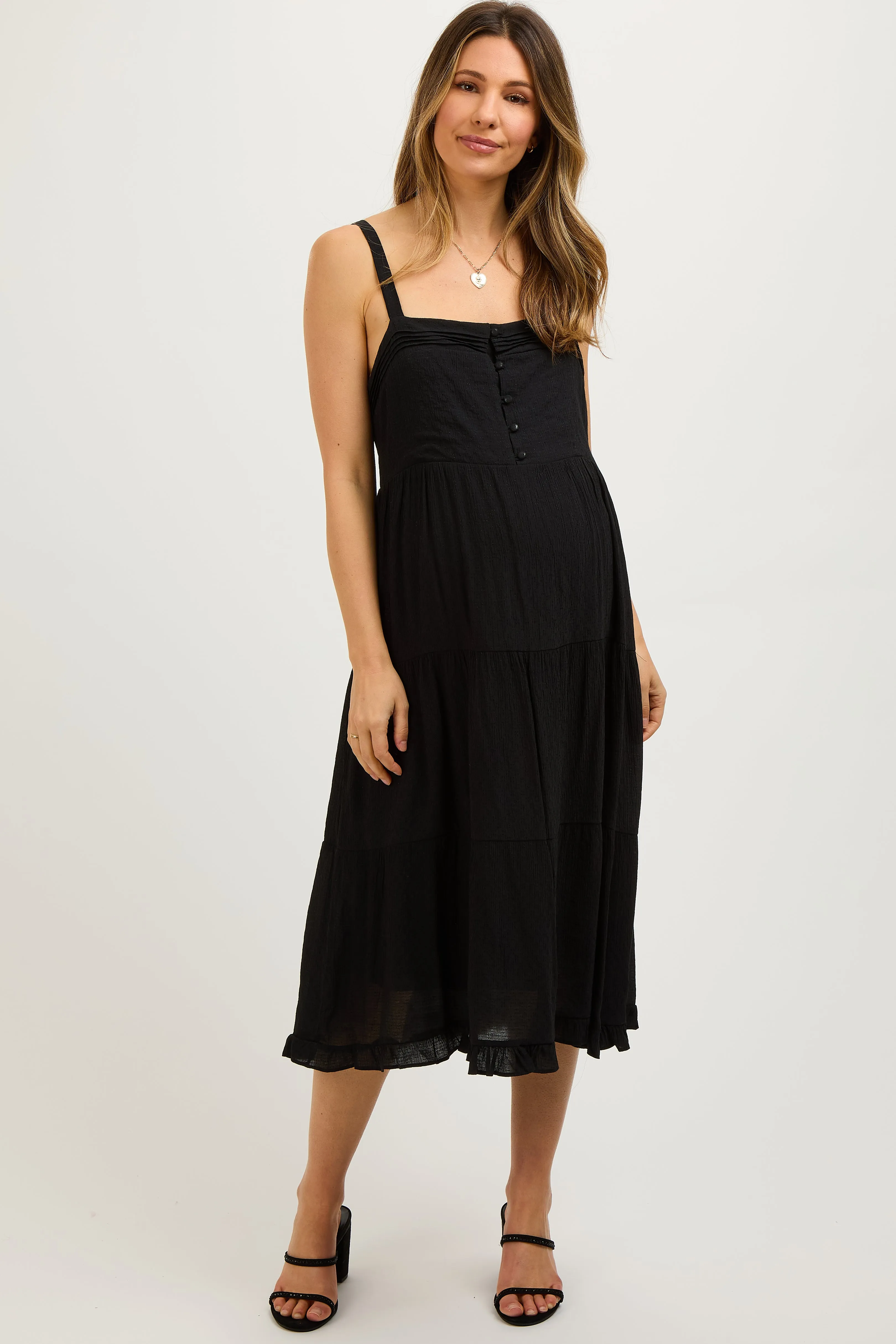 Black Sleeveless Button Tiered Maternity Midi Dress sold by Pinkblush