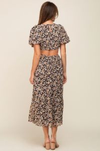 Black Floral Chiffon Back Cutout Short Puff Sleeve Midi Dress sold by Pinkblush