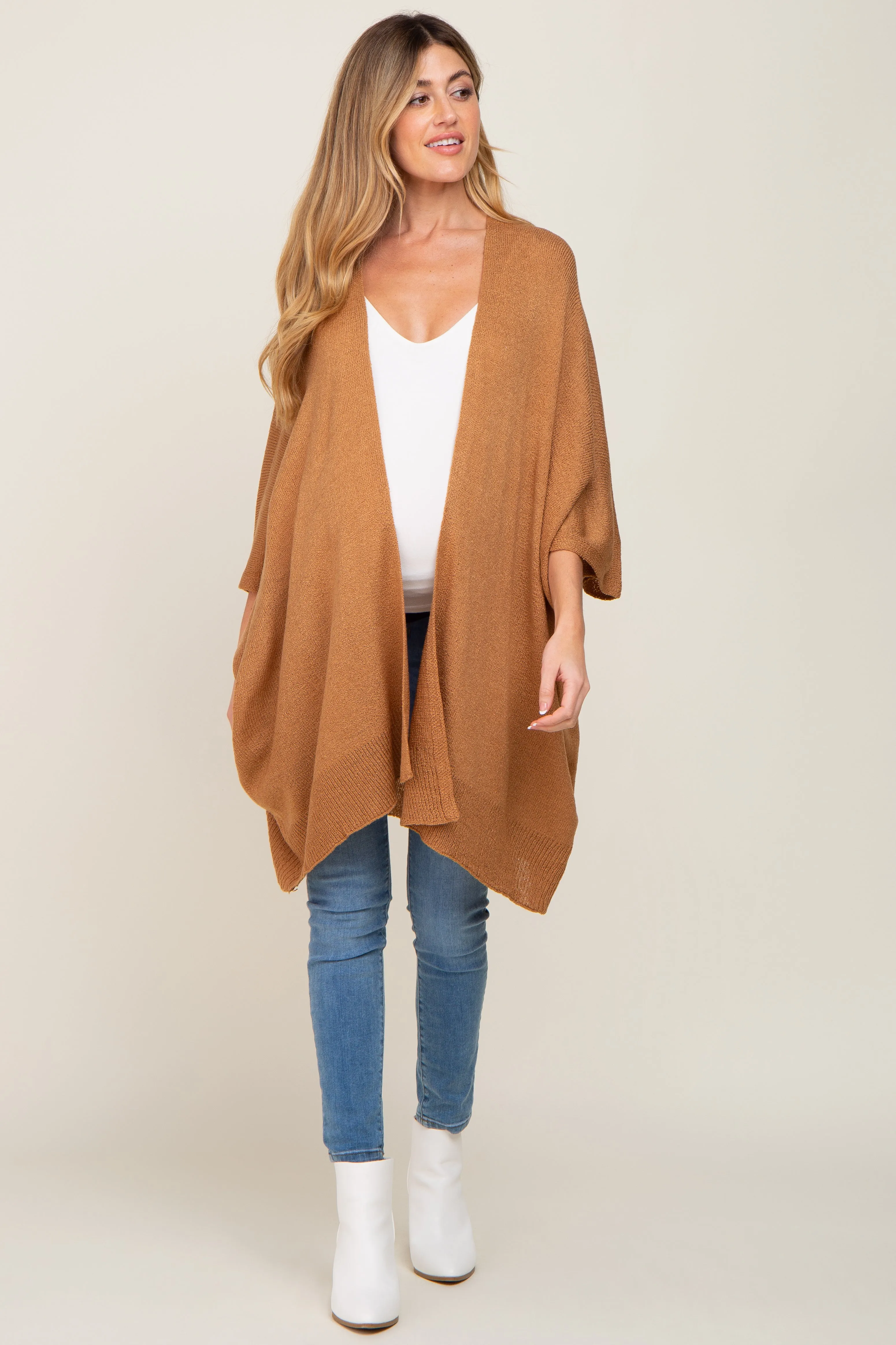 Camel Knit Open Front Maternity Cardigan sold by Pinkblush