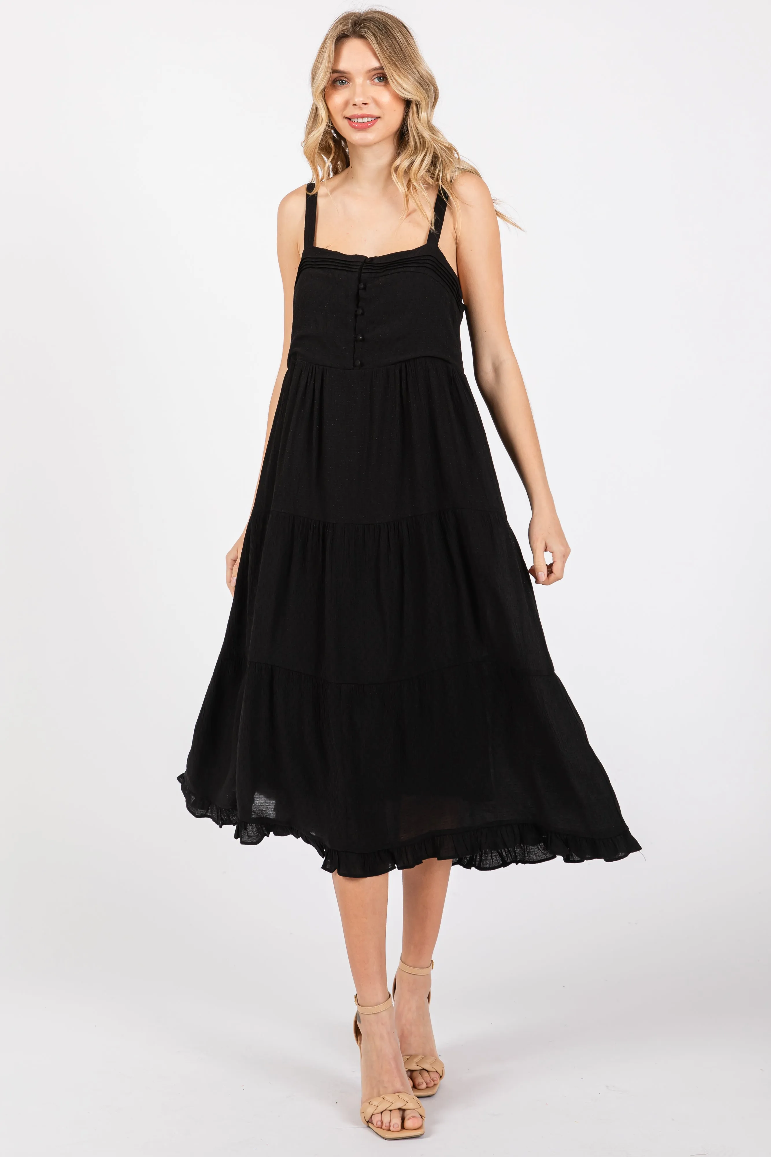 Black Sleeveless Button Tiered Maternity Midi Dress sold by Pinkblush product image thumbnail 5