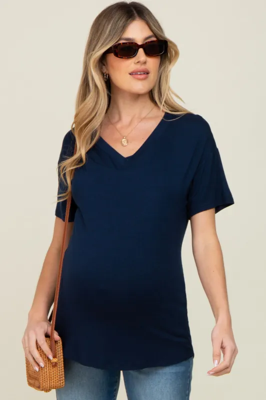 Navy V-Neck Basic Maternity Top sold by Pinkblush