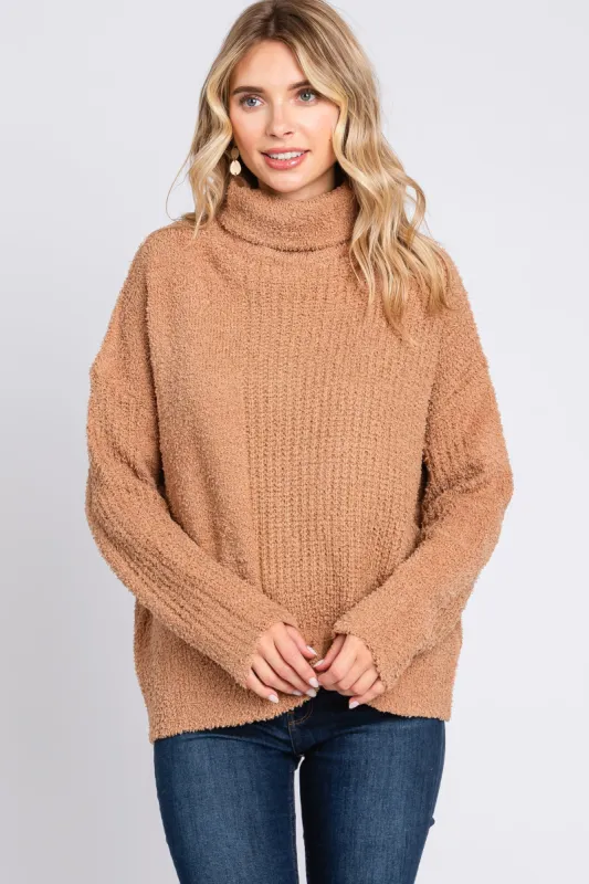 Camel Ribbed Boucle Knit Turtleneck Sweater sold by Pinkblush