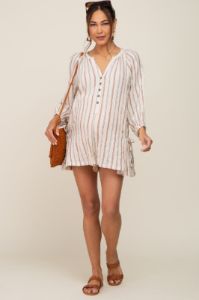 Ivory Striped Front Button Maternity Romper sold by Pinkblush