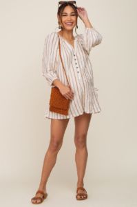 Ivory Striped Front Button Maternity Romper sold by Pinkblush