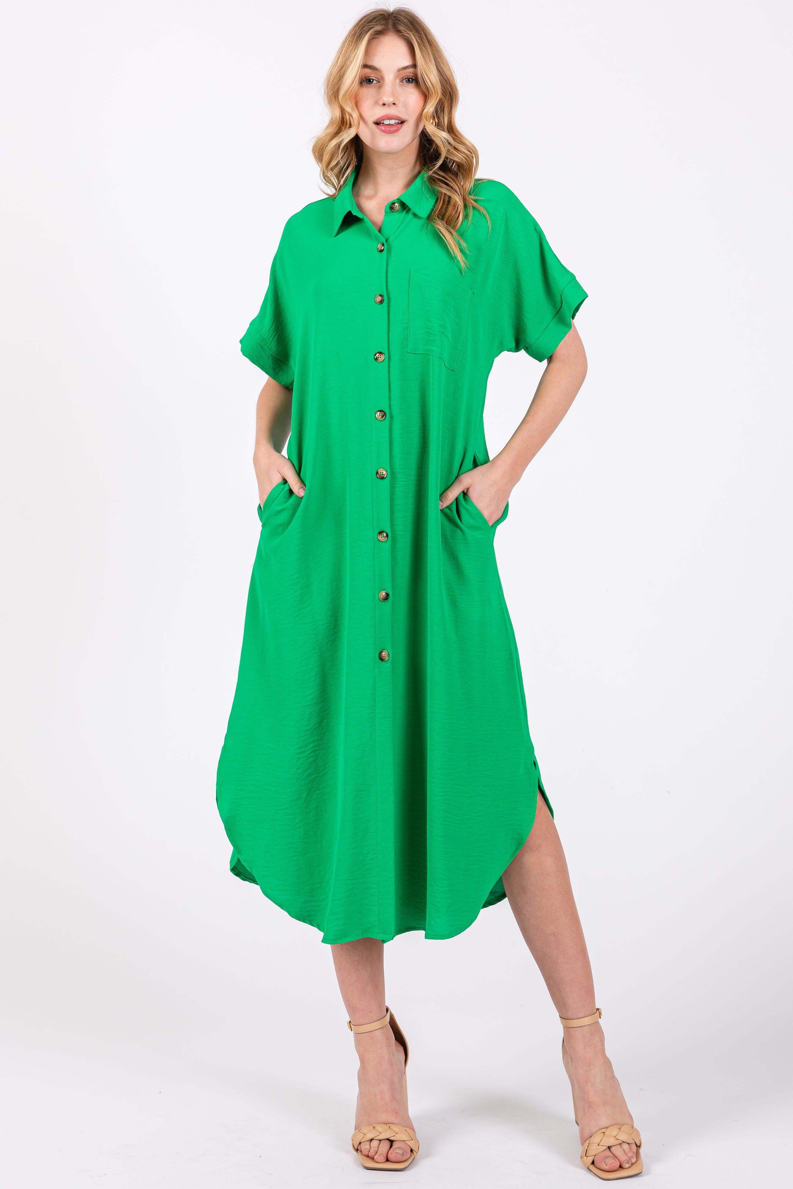 Green Button Down Front Pocket Maternity Midi Dress sold by Pinkblush product image thumbnail 4