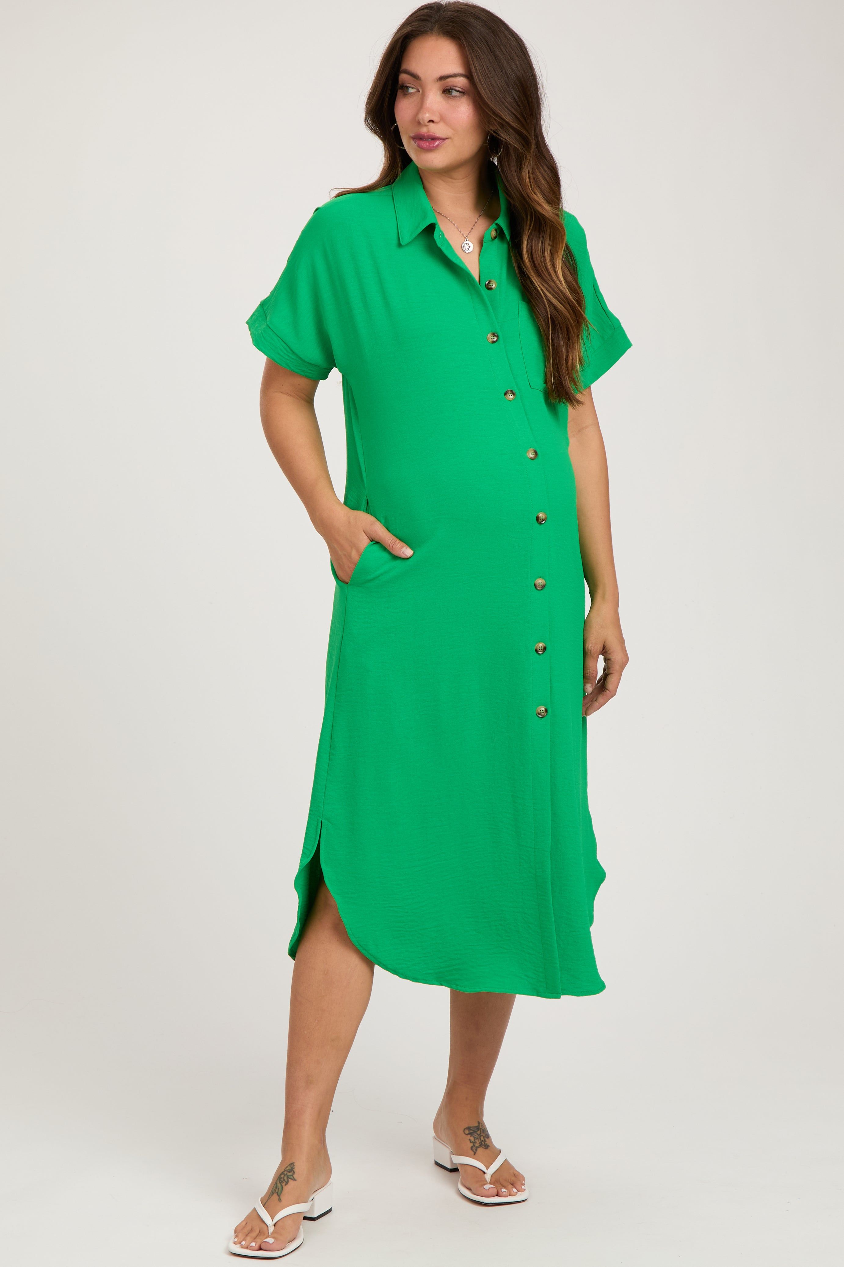 Green Button Down Front Pocket Maternity Midi Dress sold by Pinkblush