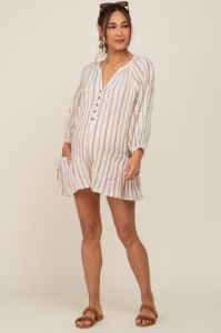 Ivory Striped Front Button Maternity Romper sold by Pinkblush